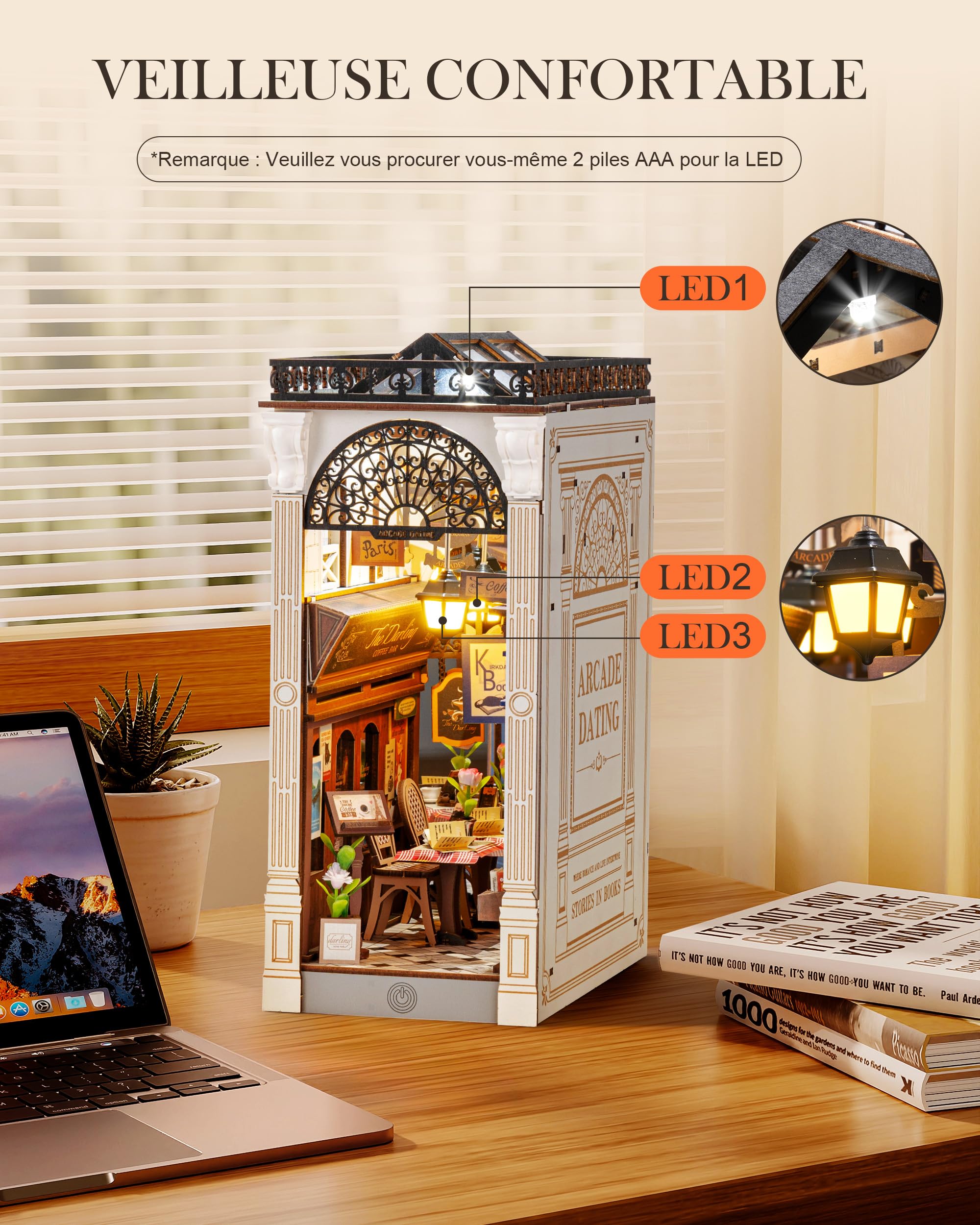 Rolife Book Nook Kit Maison Miniature à Construire DIY Maquette Adulte avec Lumières Décoration de Bibliothèque Livre Salon Booknook Puzzle Arcade Dating 3D Bois Serre-Livres Diorama