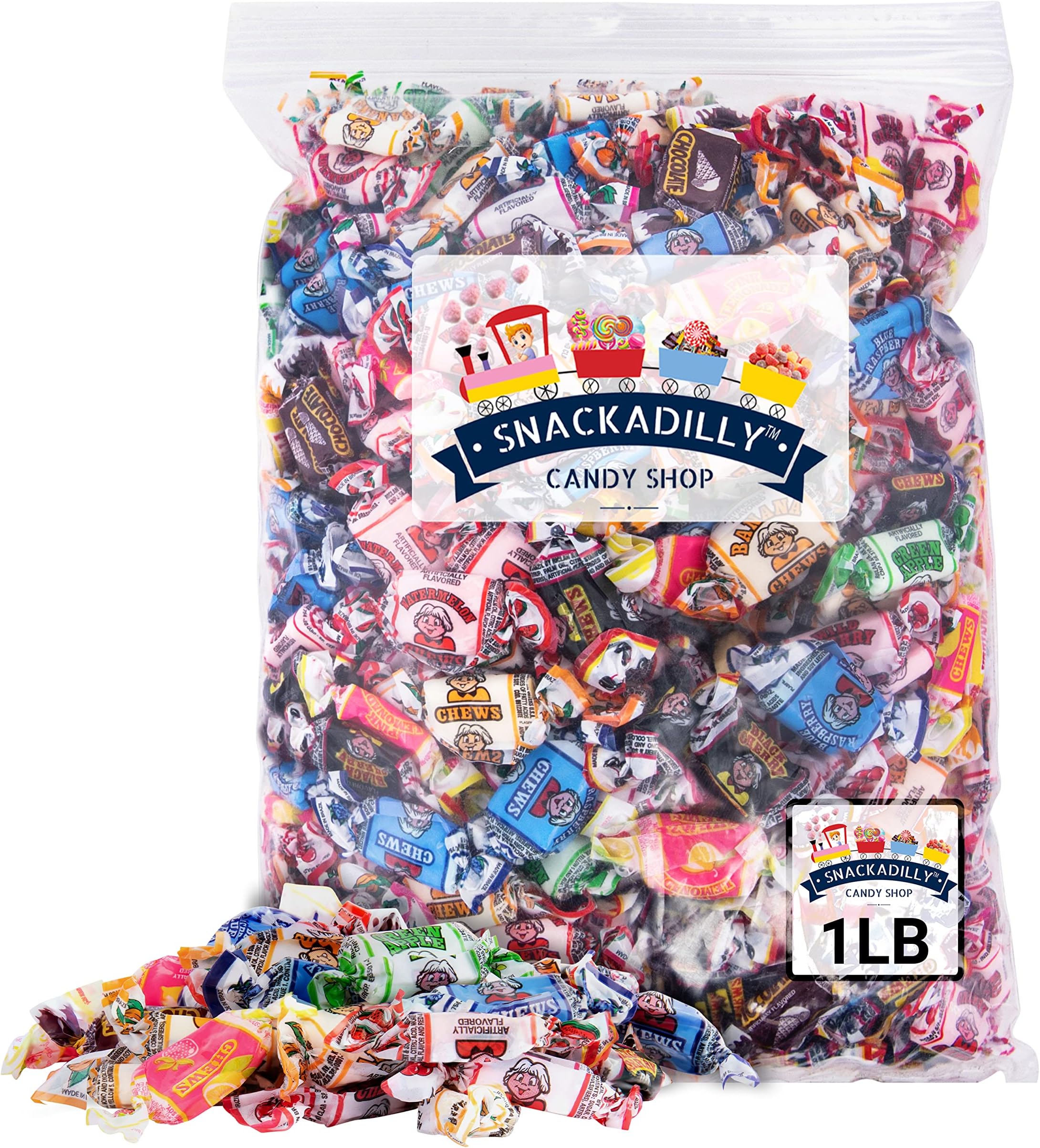 Fruit Chews 1 Pound Assortment - All 15 Flavors Including Sours! - Blue Raspberry, Banana, Watermelon, Green Apple, Chocolate, Peach, Vanilla, Grape, Strawberry, Pink Lemonade, Cherry, Black Cherry Packaged By Snackadilly