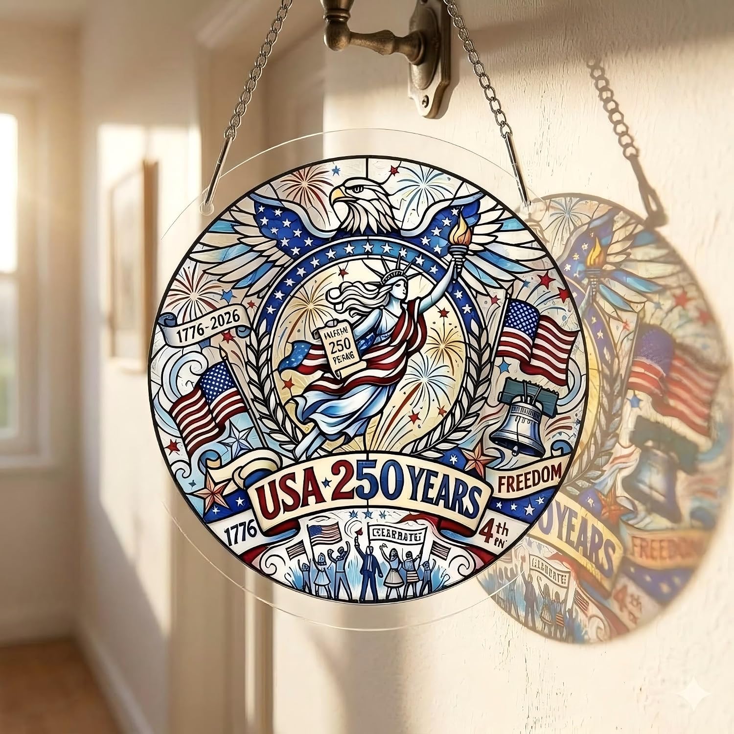 Acrylic Puzzle Suncatcher，Celebrating USA 250th Anniversary, Stained Glass Window Hanging, Home Decor for Independence Day, Patriot, Good Morning USA