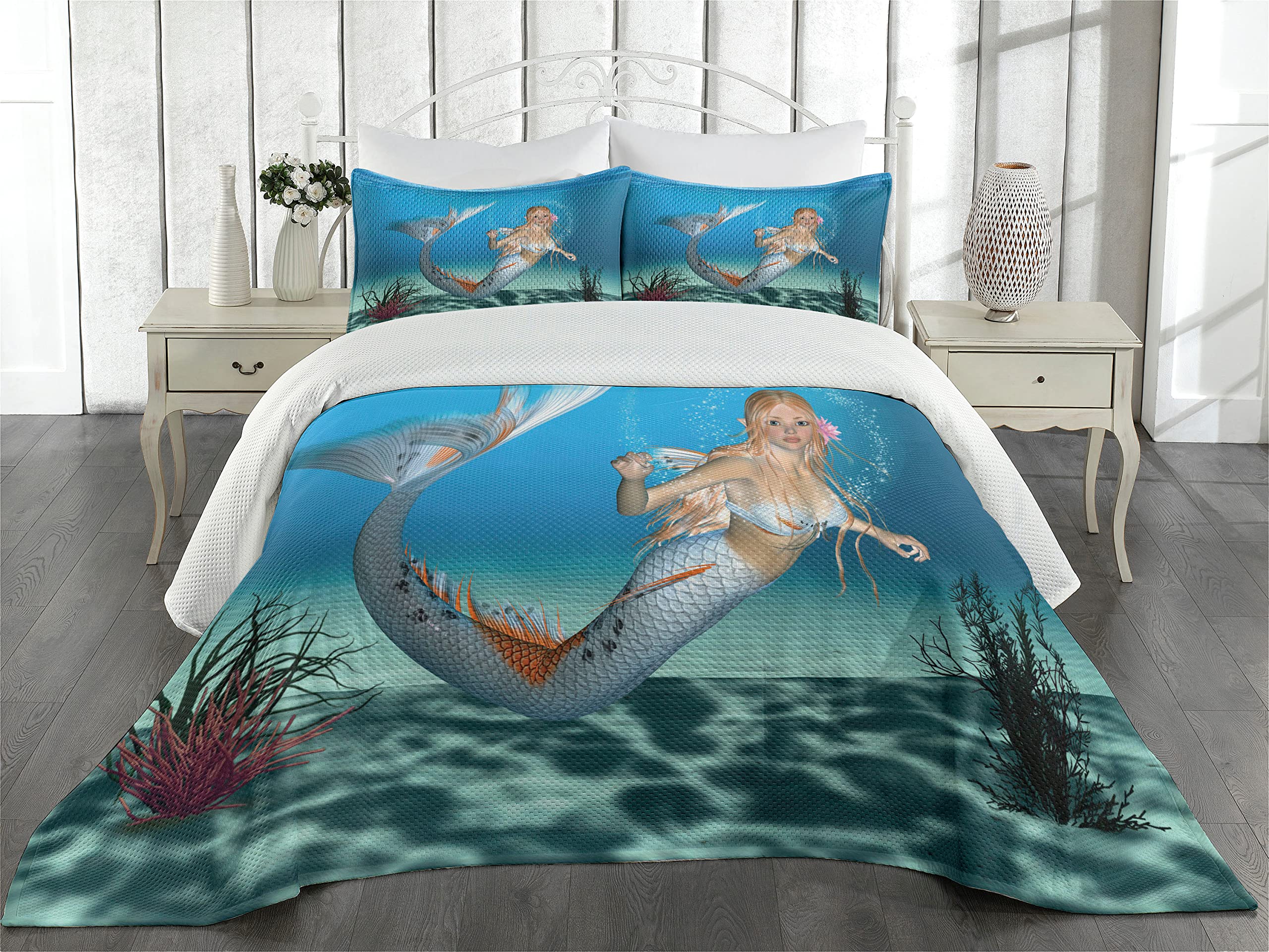 Ambesonne Mermaid Coverlet, Graphic of a Mermaid in Tropical Ocean Creature, 2 Piece Decorative Quilted Bedspread Set with 1 Pillow Sham, Twin Size, Sea Blue Navy