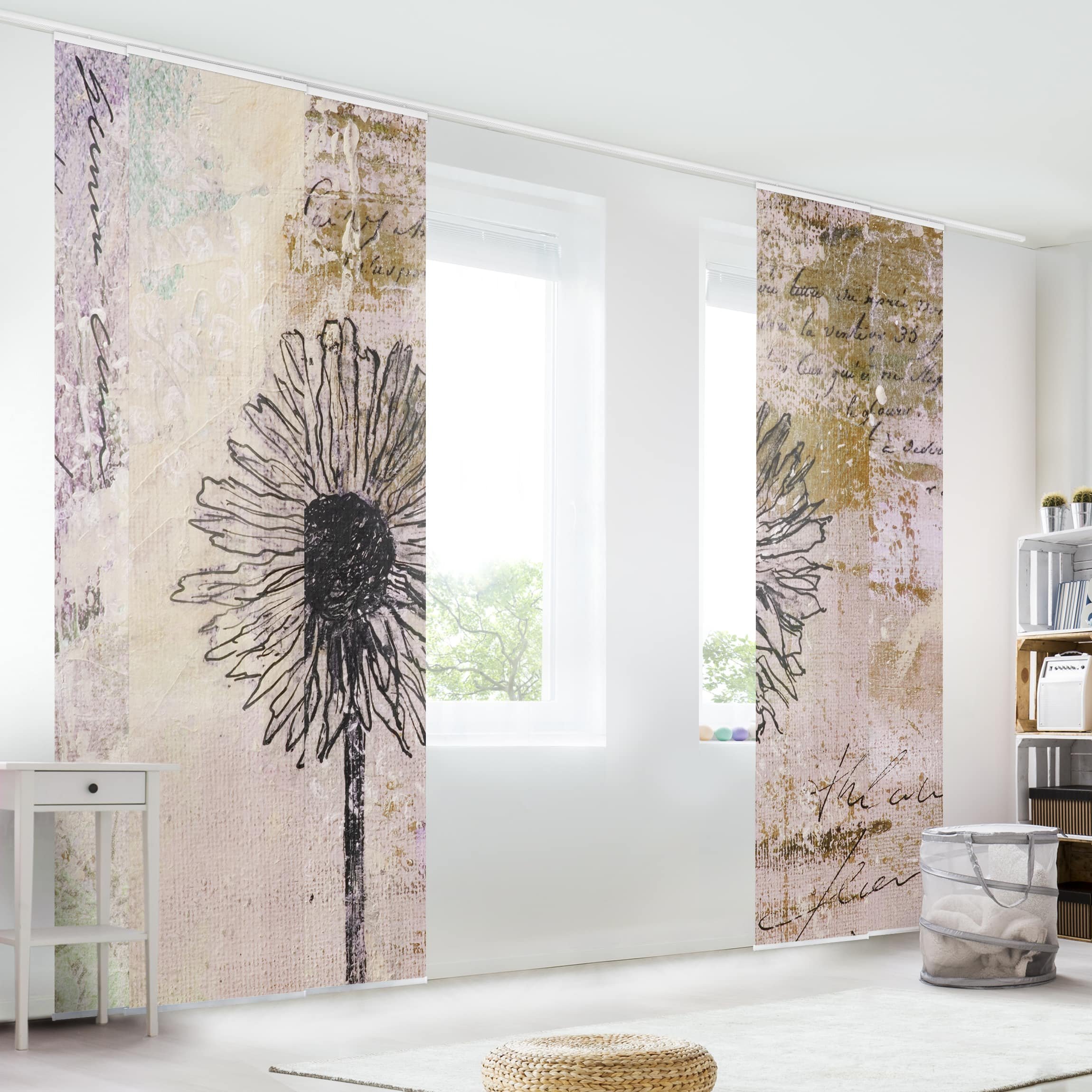 Schiebegardine halbtransparent 60er Paneel Klett Muster Textil lichtdurchlässig - Pusteblume Abstrakt Flächenvorhang Wohnzimmer Schlafzimmer 1619 (300x250 cm - 5er Set)