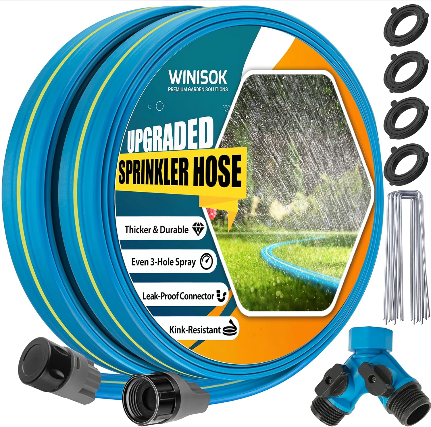 Upgrade Flat Sprinkler & Soaker Hose for Garden, Heavy Duty 3-Tube Lawn Irrigation Hose with Landscape Stakes and Y-Splitter, No-Kink Flexible Watering Hose for Yard, Plants (75ft x 2packs)