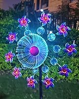 YOURONGMAO 40 Inch Solar Flower Wind Spinner - Kinetic Metal Garden Whirligig with RGB LED Lights for Yard, Patio & Lawn Decor