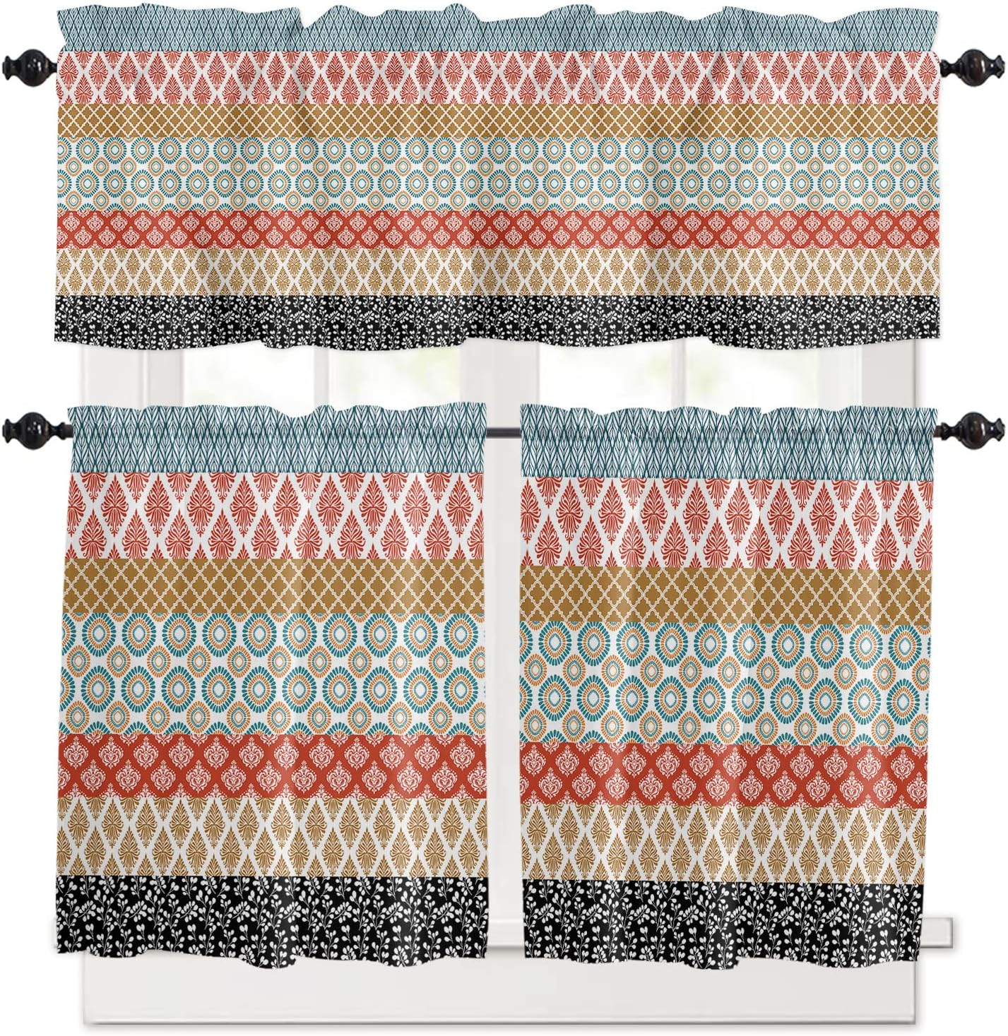 Boho Curtain Valance and Tier Curtains Set, Colorful Striped Ethnic Modern Geometric Abstract Art Farmhouse Kitchen Curtain 3 Piece Set Rod Pocket Window Short/Half/Small Tier Curtain 27.5x36x2 Panels