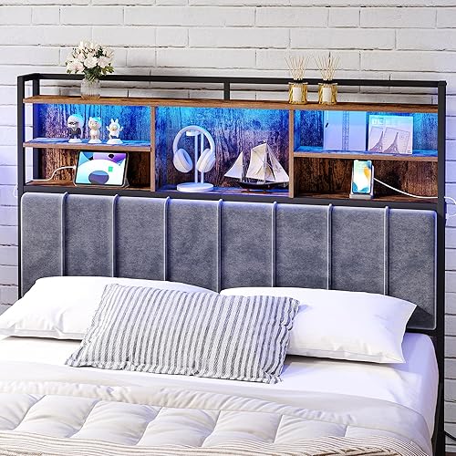 Headboard with 3-Tier Storage Shelves, Velvet Upholstered Head Board with
