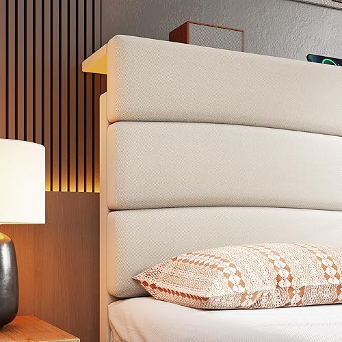 Miniatura 3 de EnHomee Base de cama tamaño King, base de cama King tapizada con estaciones de carga, cabecera de almacenamiento ajustable, dormitorio, apartamento,