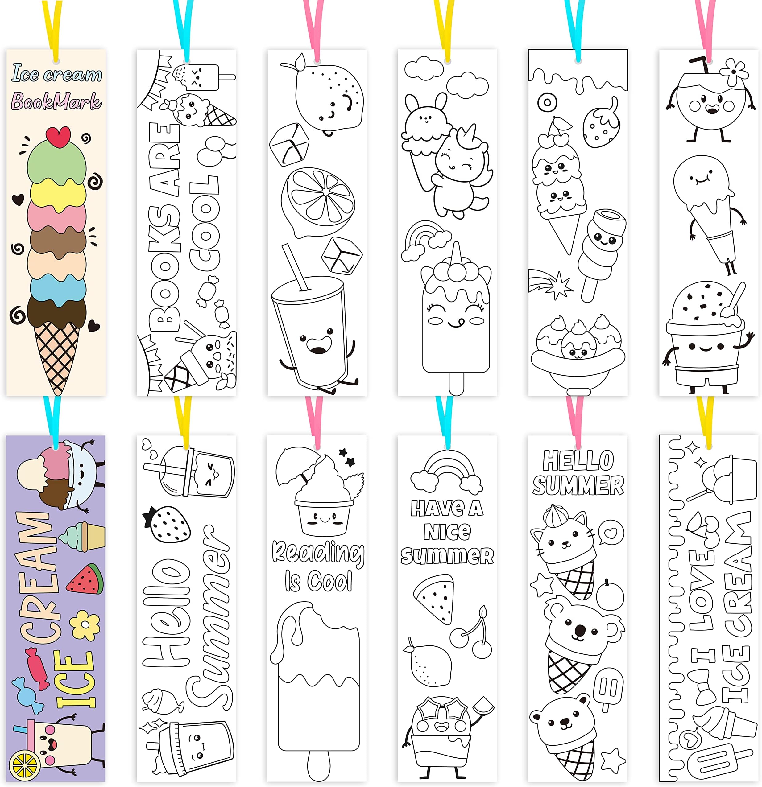 DIY Drawing Bookmarks for Kids Coloring Bookmark Boys Girls Creative Blank Paper Book Marker Children School Art Craft Birthday Gift Party Decoration Supplies (Ice Cream)