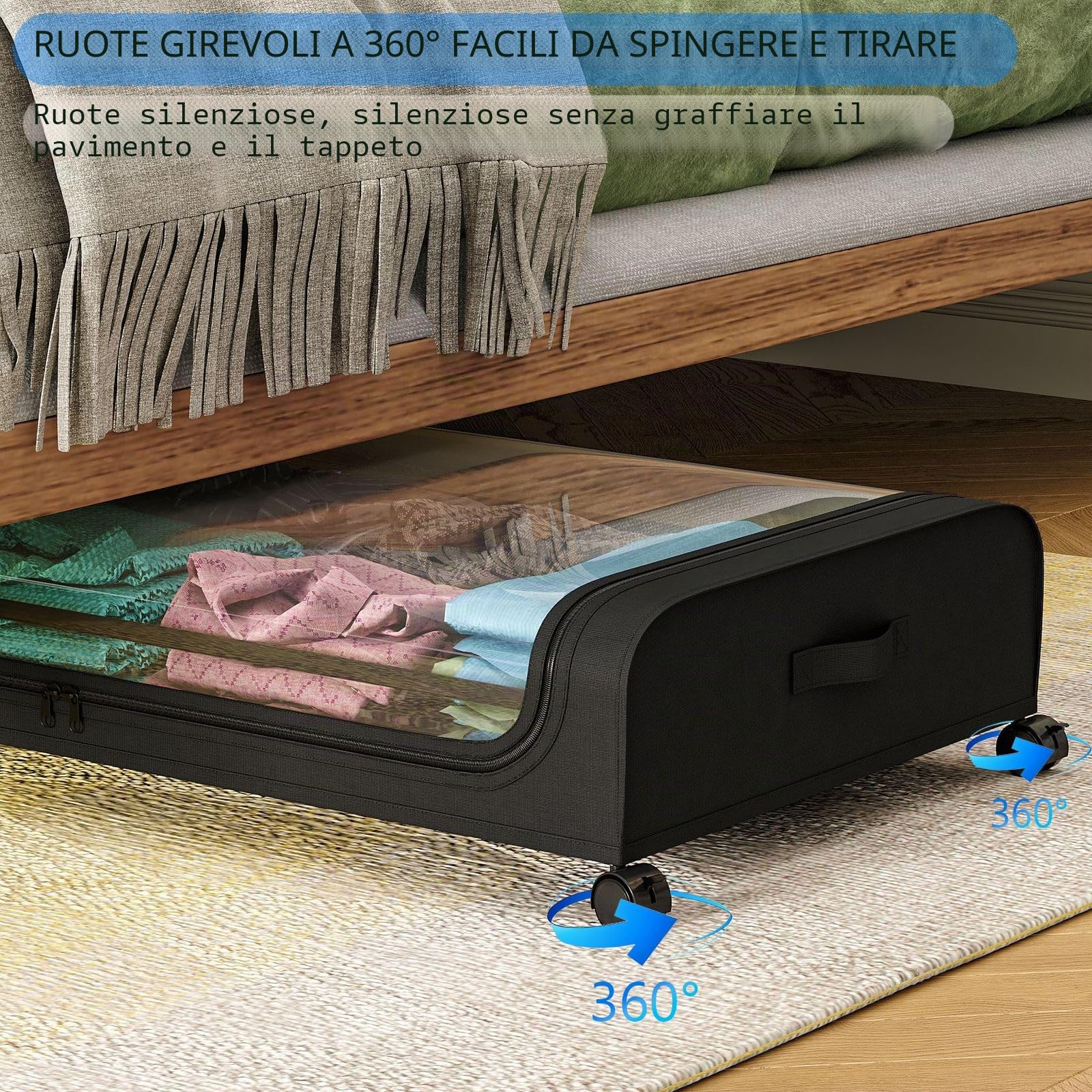Contenitore Vestiti Telaio in Metallo Scatola, Contenitori Vestiti in Scatola Sotto Il Letto, Contenitori Sottoletto con Ruote Scatole, per Abbigliamento, Scarpe, Nero