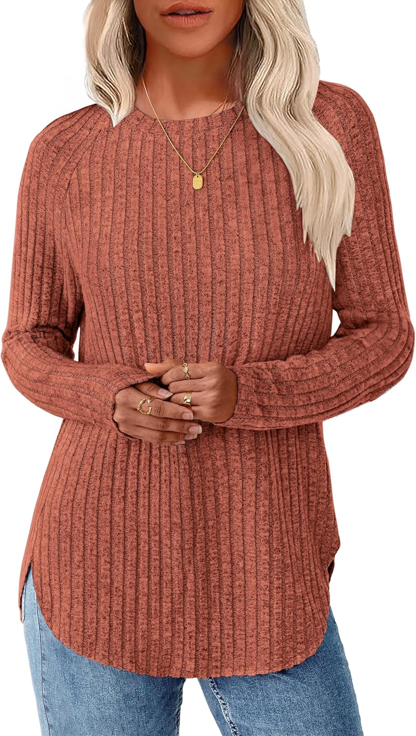 Long Sleeve Shirts for Women Crew Neck Tunic Tops Loose Fit Lightweight Pullover Sweaters Trendy Sweatshirts 2025 Caramel M