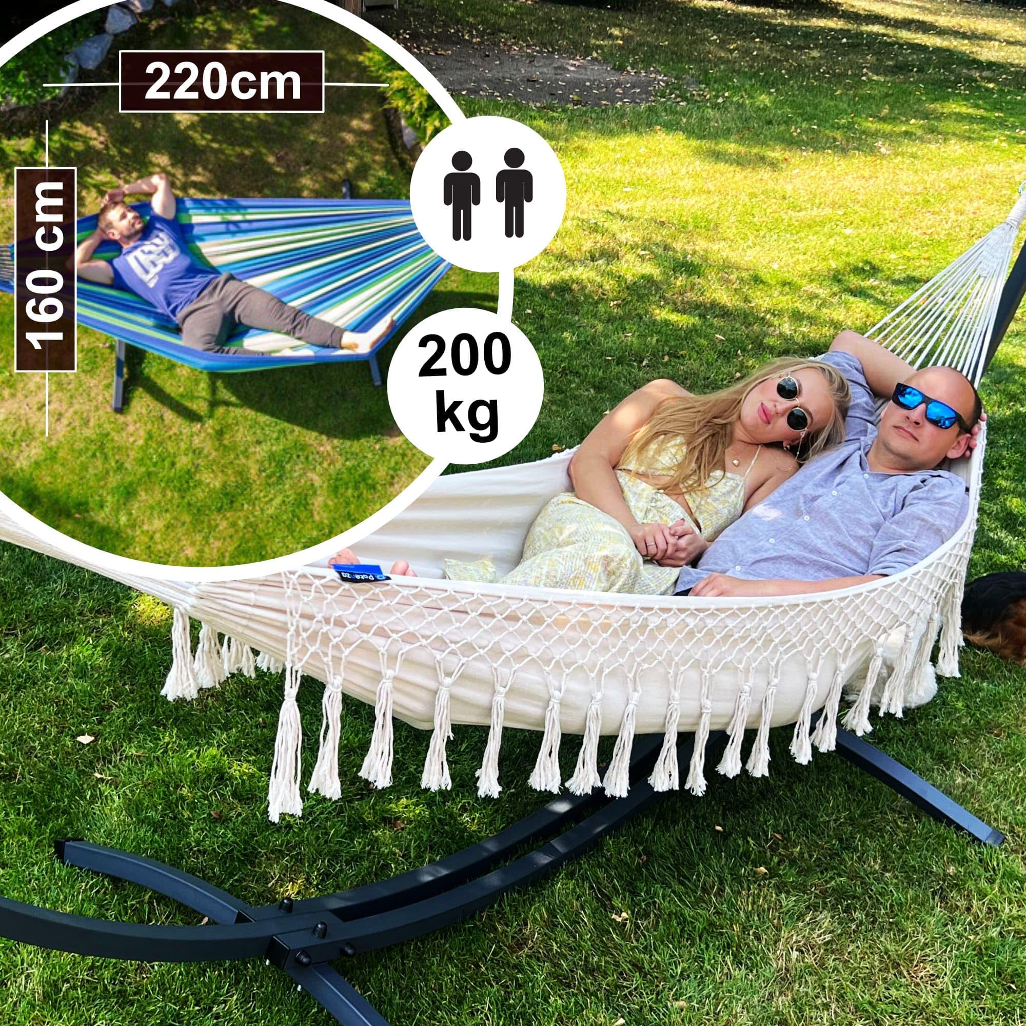 Potenza Amaca da Giardino con Supporto – Amaca Doppia 220x160 cm, 200kg in 100% Cotone con Struttura in Acciaio lunga 370 cm, Portata 220 kg, con Telaio Resistente alle Intemperie, Santia Beige