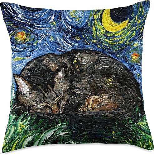 Aja Throw Pillow - Arte de noche estrellada de gato de color marrón durmiendo, 18 x 18 pulgadas, multicolor