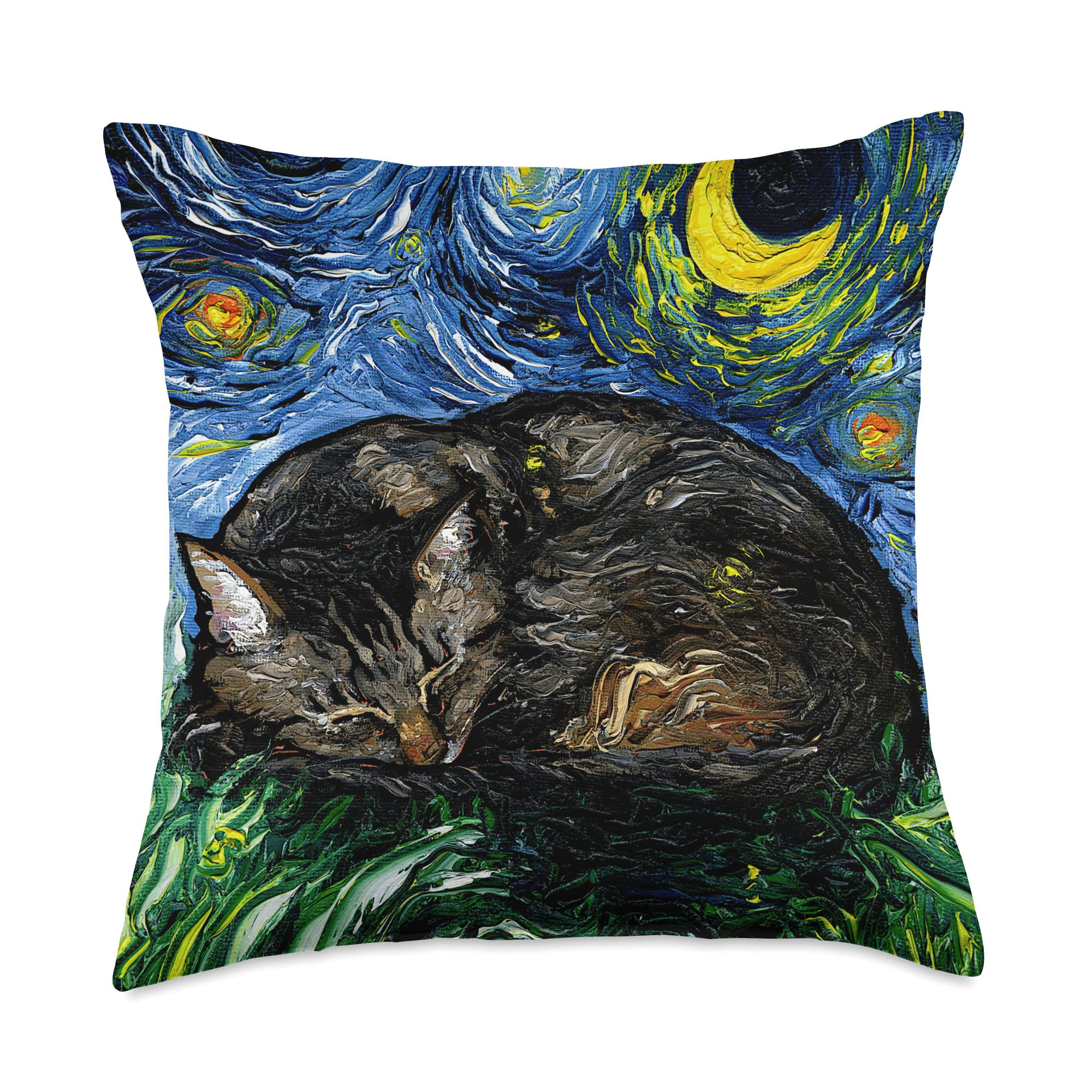 Sleeping Brown Tabby Cat Starry Night Art by Aja Throw Pillow