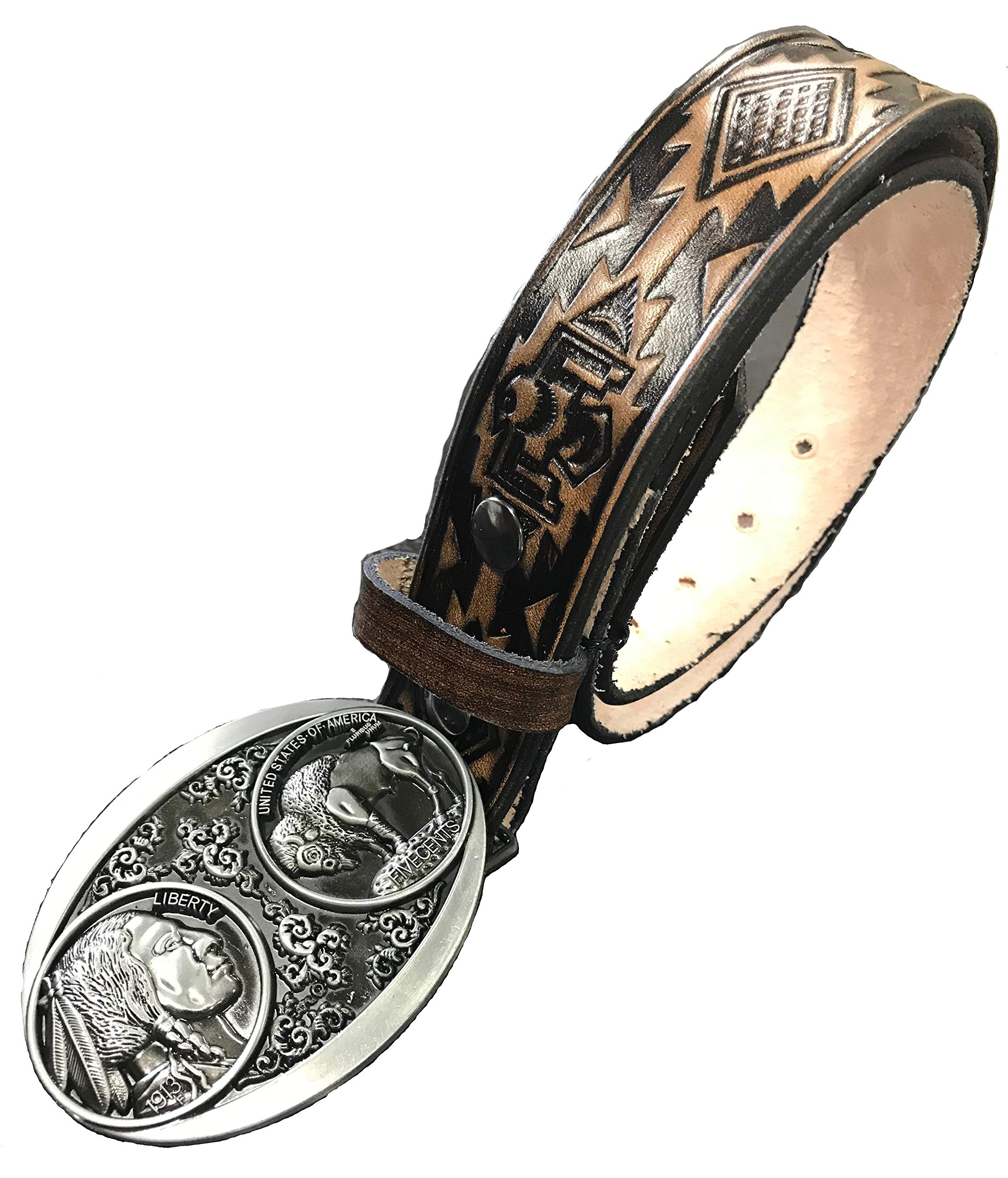 Native Indian Design Handmade Mens Leather Belt with Buffalo Nickle Design Buckle Western Work Casual 1.5