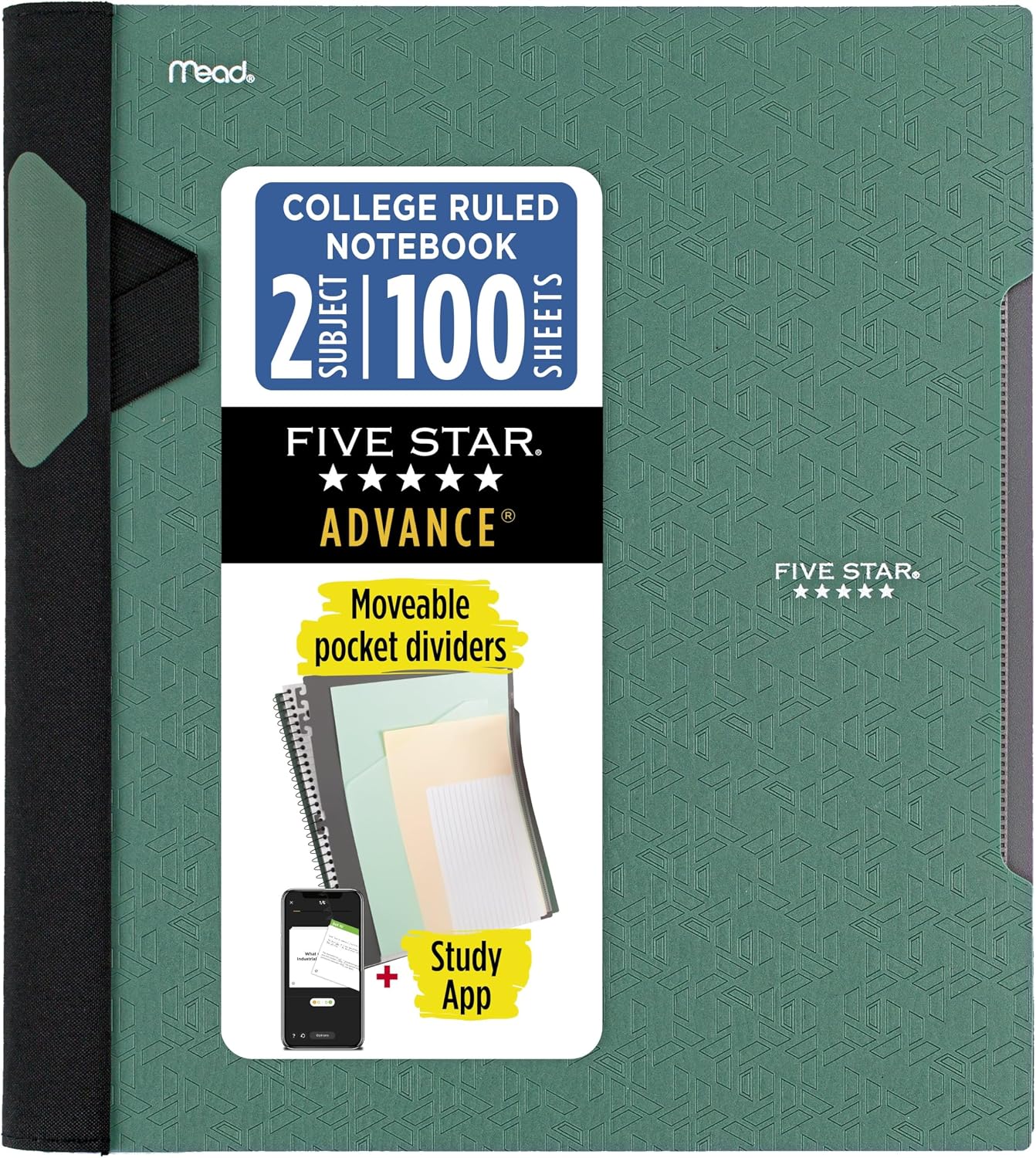 Five Star Advance 820012C-ECM Spiral Defter ve Çalışma Uygulaması, 1 Konu, Üniversite Çizgili, 21,5 cm x 28 cm, 100 Sayfa, Spiral Koruyucu ve Hareketli Ayırıcılarla, Yeşil