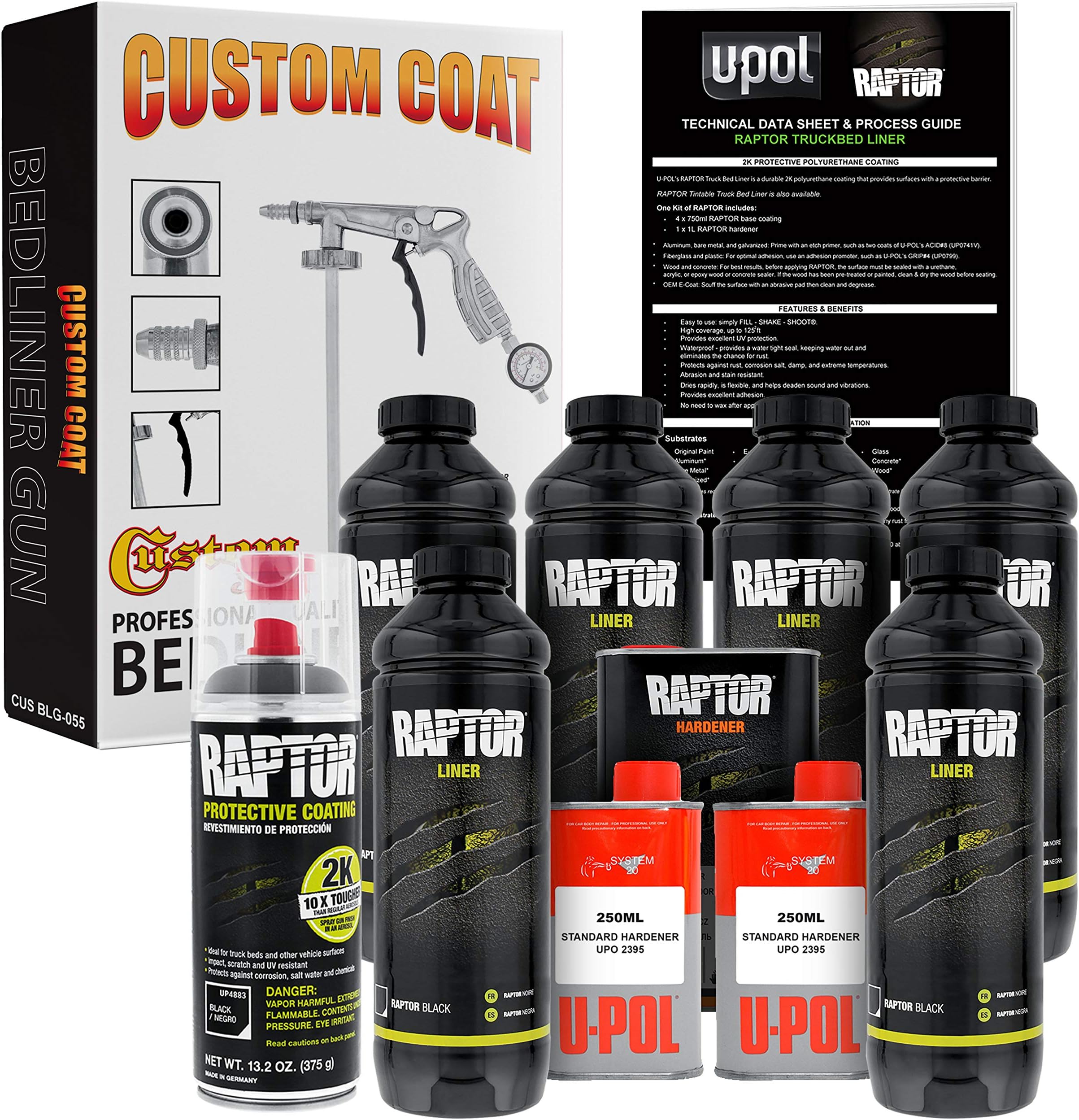 Custom Shop 6 Quart Kit - Black Urethane Spray-On Truck Bed Liner Kit with Custom Coat Spray Gun with Regulator, Bonus Can of Aerosol Bedliner