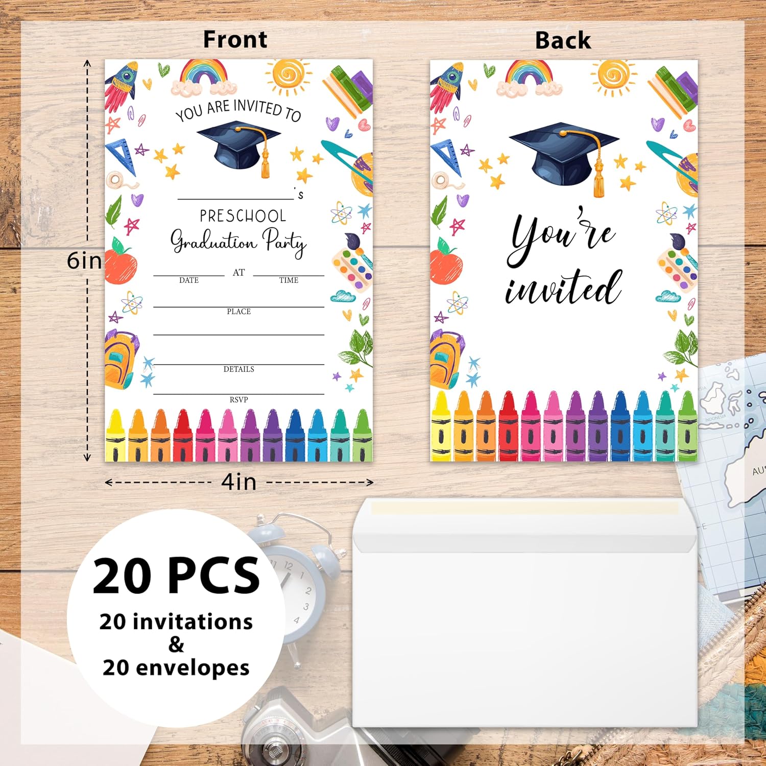 Preschool Graduation Invitations 2026, 20 Pack Kindergarten Graduation Party Invitations with Envelopes, Pre-K Graduations Ceremony Grad Invite Card for Celebration Announcement Party -04 image 2