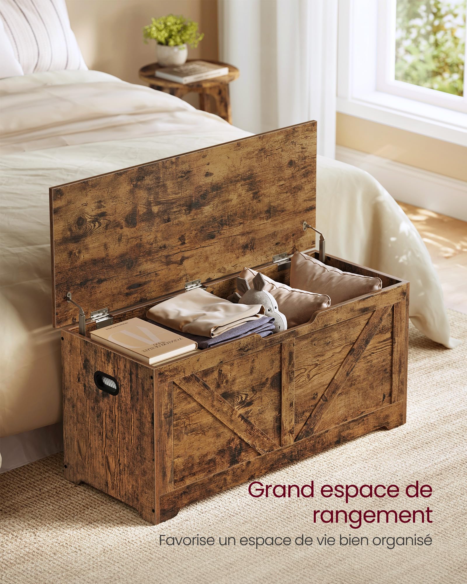 VASAGLE Coffre de Rangement, Banc Chaussures, Meuble Entrée, avec 2 Charnières de Sécurité, Imitation Grange, 40 x 100 x 46 cm, pour Couloir, Chambre, Salon, Marron Rustique LSB060T01