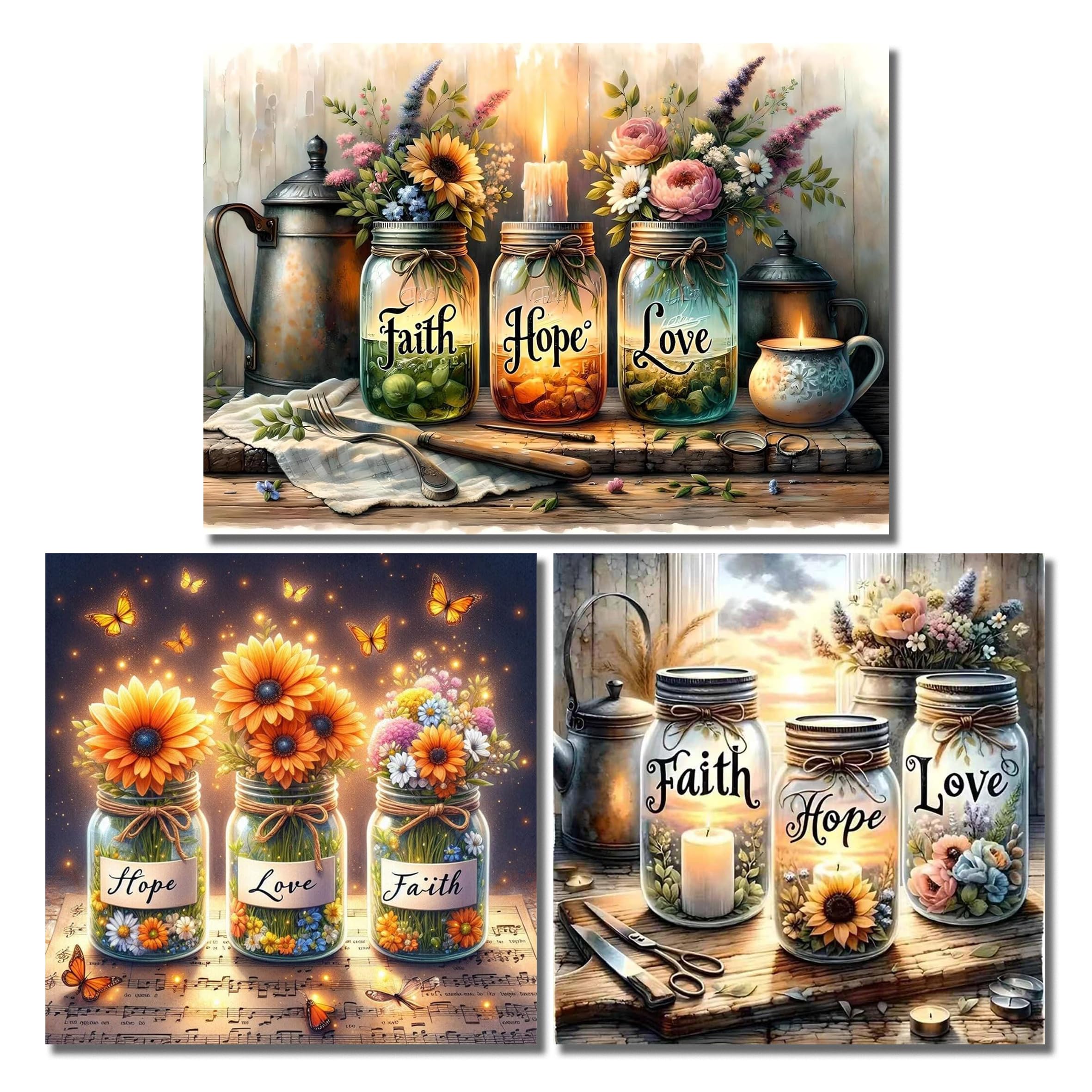 Jakener Diamond Painting-3Pack-2 3 Pack Faith,Hope,Love Diamond Art Kits For Adults Beginners,Diamond Painting Kits For Adults,5D Full Drill Diy Diamond Dot Gem Art Kit Wall Home Decor Arts Craft 12X16-12X12 Inch