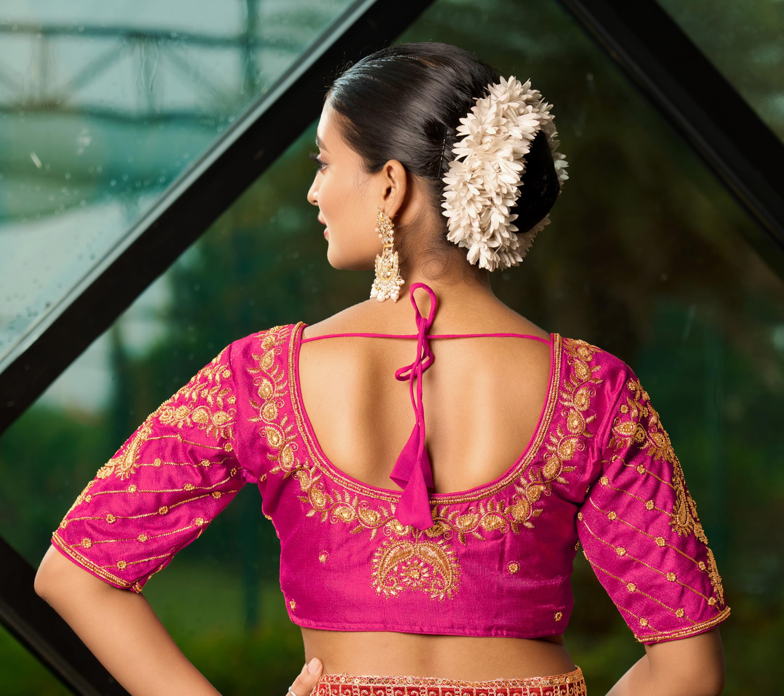 Pujia Mills Women's Readymade Blouse Embroidery Multi Coding Maggam Work Sequence Work Indian Ethnic Designer Stitched Readymade Saree Half Sleeve Pink Blouse For Women For Saree Lehenga Choli