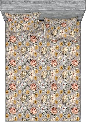 Miniatura 53 de Ambesonne Geometric Fitted Sheet & Pillow Sham Set, Minimalist Vibe Retro Pattern of Waves and Circles Scandinavian, Decorative Printed 3 Piece Pale