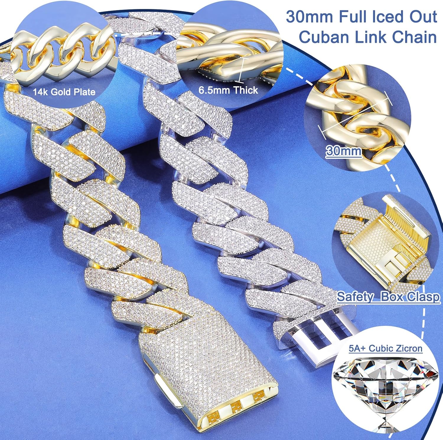 30MM/25MM Solid Big Cuban Link Chain for Men Large Thick Iced Out Chain 18K Gold Plated 5A+ Zicron Cuban Necklace Gold/Silver Iced Out Diamond Miami Link Necklace Bling Luxury Jewelry - Image 3