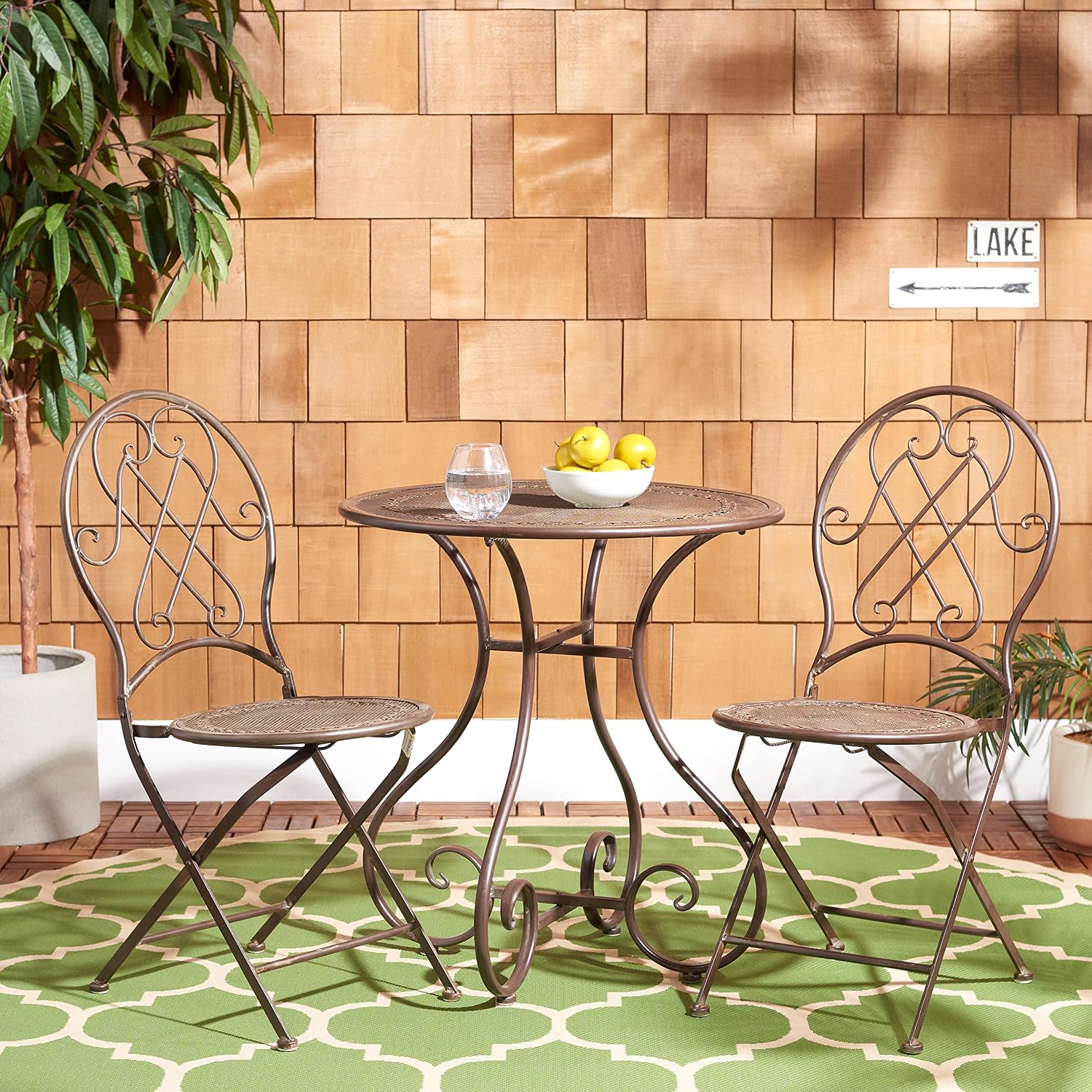 SAFAVIEH Outdoor Collection Adriel Victorian Rustic Brown Wrought Iron 3-Piece Bistro Set