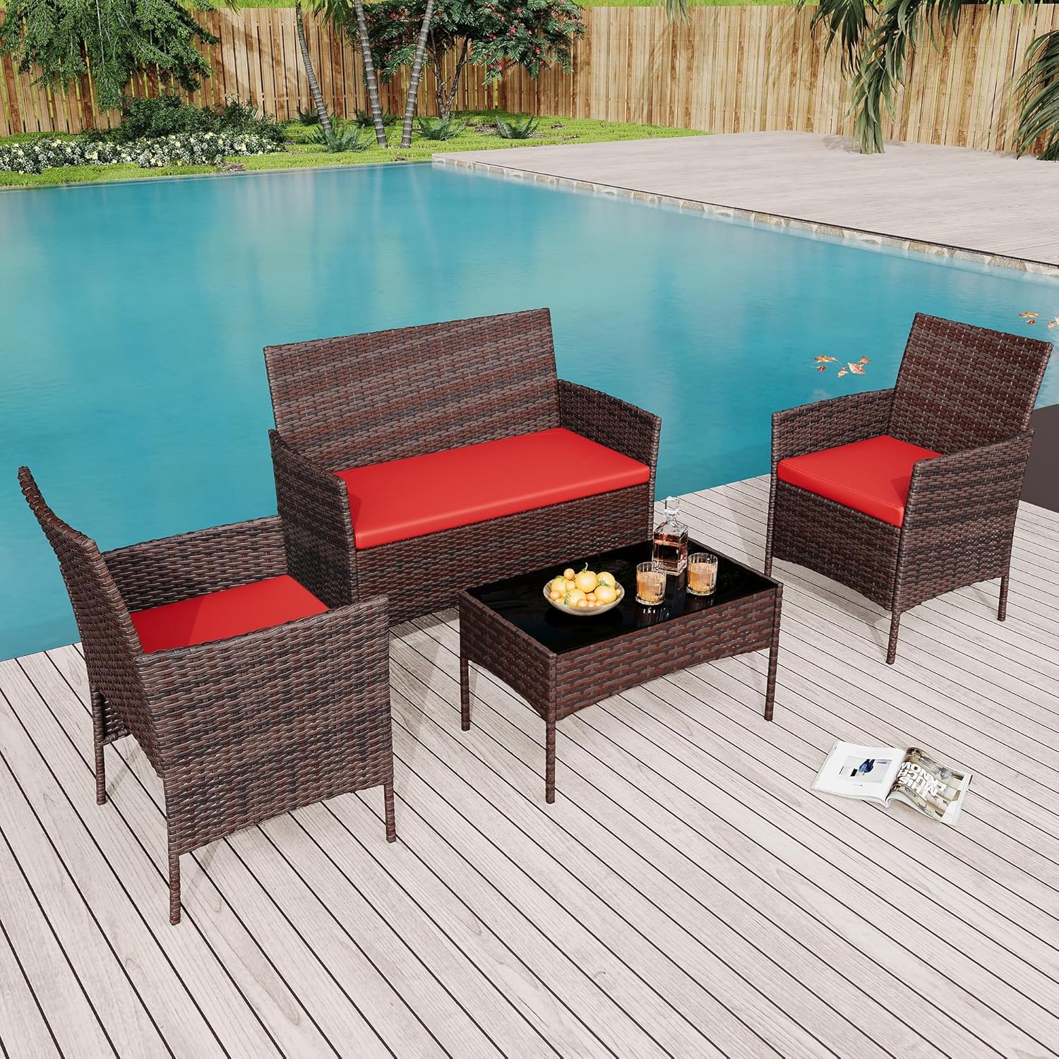 GarveeHome Modern 4-Person Outdoor Bistro Set with Tempered Glass Table – Weather-Resistant PE Rattan & Iron Frame Patio Furniture, Thick Red & Brown Polyester Cushions for Garden, Balcony, Deck