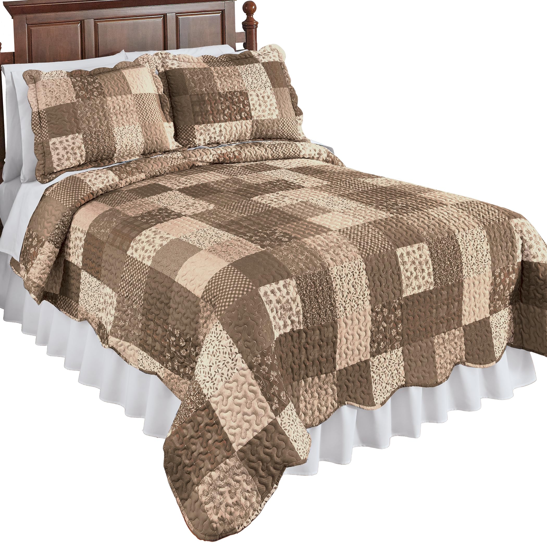 Collections Etc Classic Floral Patchwork Scalloped Edge Quilt Neutral Multi Full/Queen