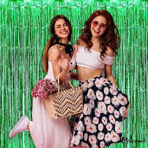 Miniatura 5 de Paquete de 4 cortinas de flecos verdes de fondo, 3.2 pies x 9.8 pies de serpentinas de flecos de papel metálico para fondo de cabina de fotos,