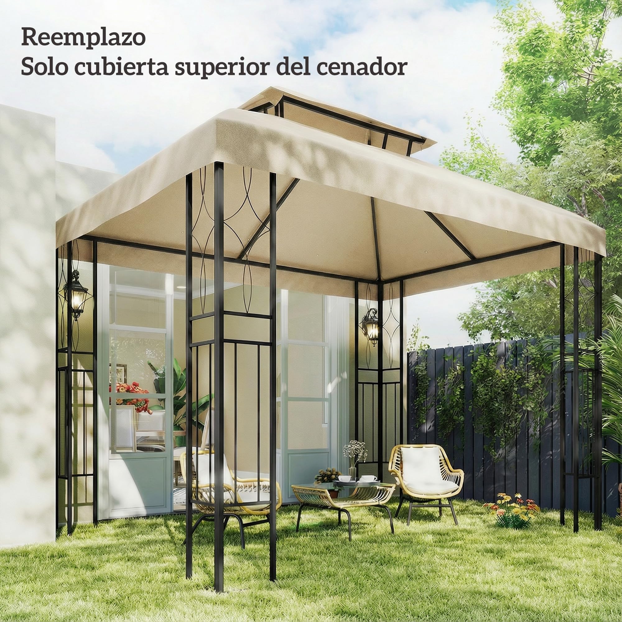 Outsunny Techo de Repuesto para Cenador, 4x3 m, Cubierta de Repuesto con Techo Doble, 10 Orificios de Drenaje y Protección UV, Solo Toldo de Recambio para Pabellón Gazebo, Blanco Crema