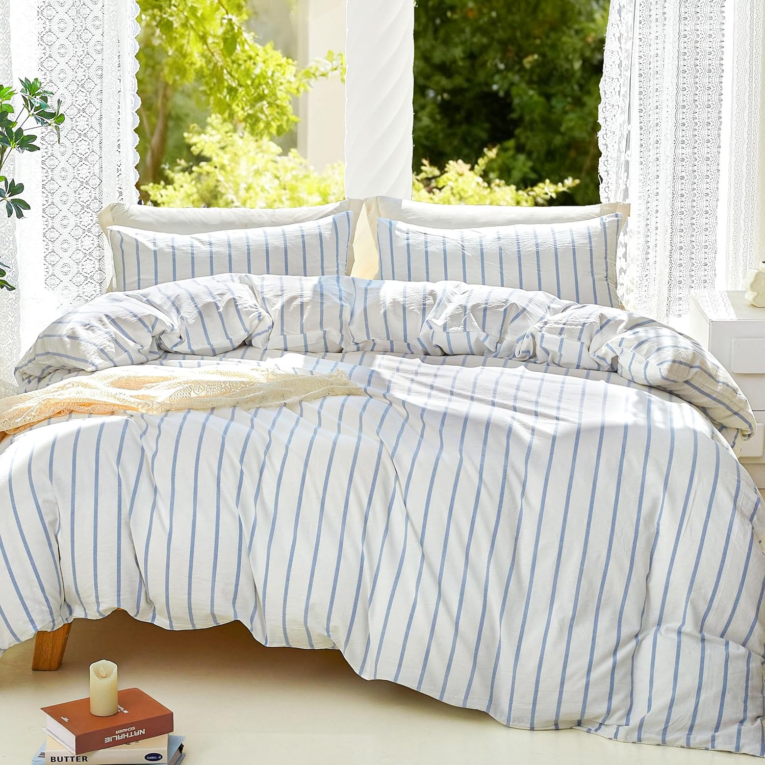 DONEUS Striped Duvet Cover Set 100% Washed Cotton Linen Like Super Soft Breathable Comfy 3 Pieces Bedding Set with Zipper Closure (White Cornflower Blue Wide Stripes, Full 80"x90")