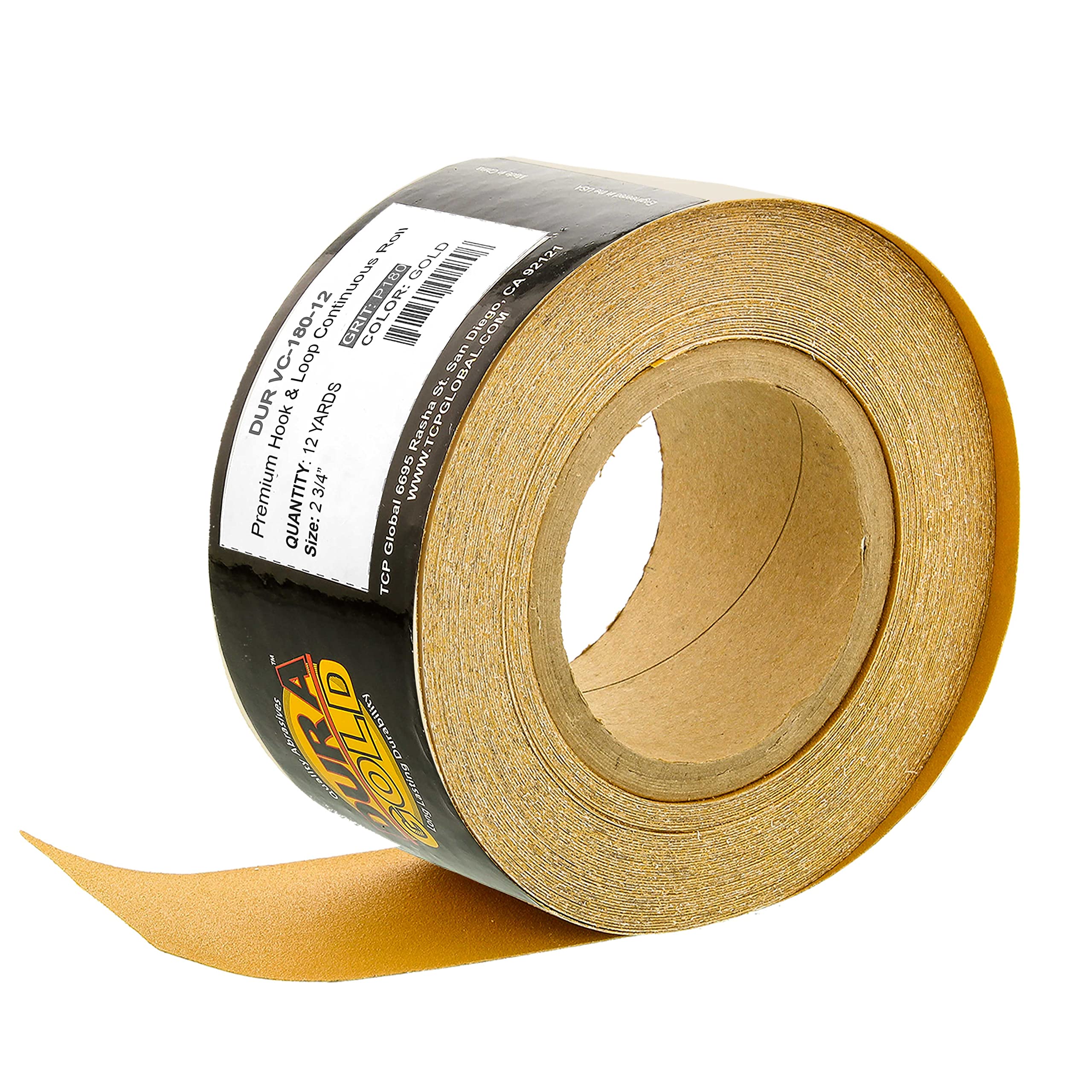 Dura-Gold Premium - 180 Grit Gold - Hook & Loop Backing Longboard Continuous Sandpaper Roll, 2-3/4" Wide, 12 Yards Long - for Automotive & Woodworking Air File Long Board Sanders, Hand Sanding Blocks