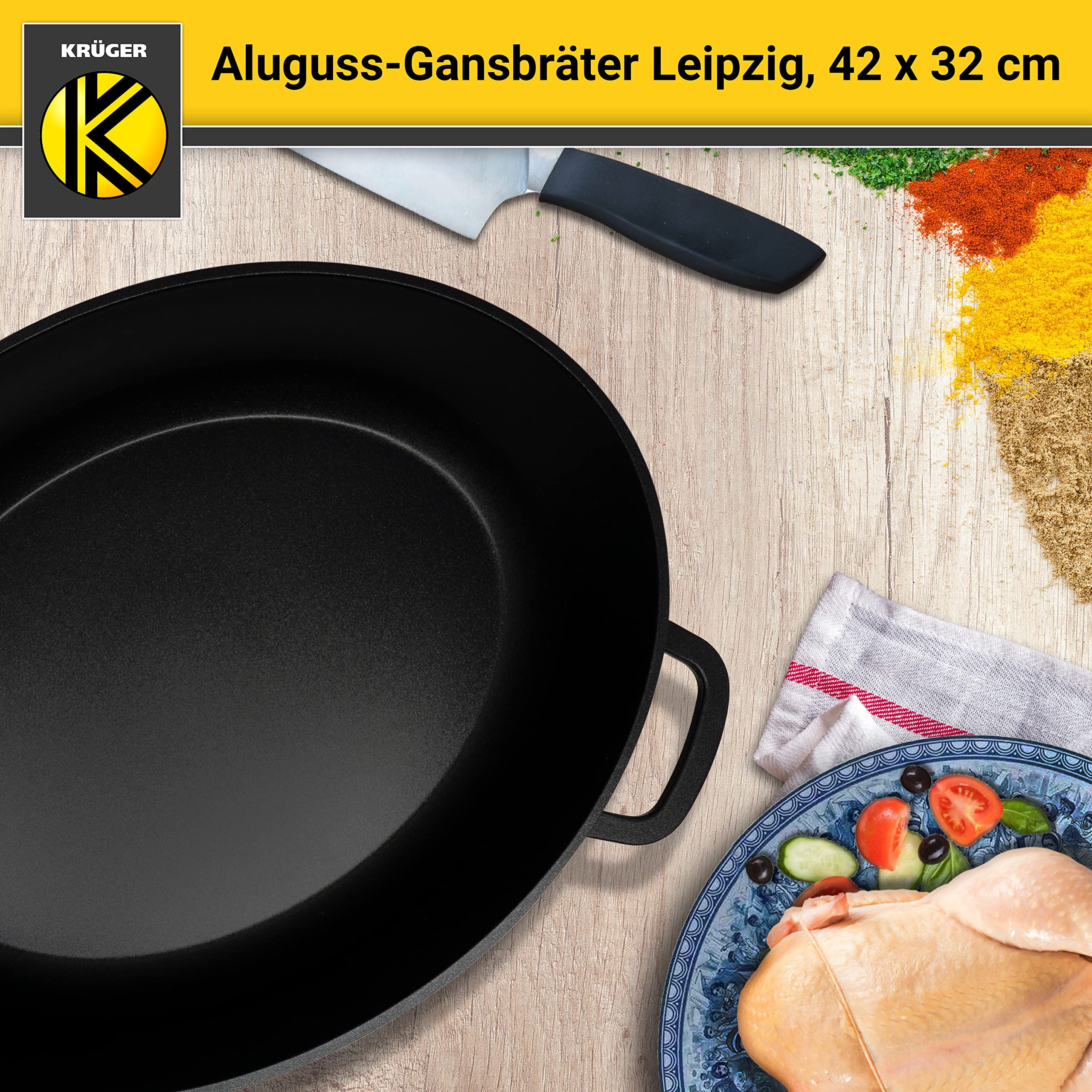 Krüger Aluguss-Bräter - Bräter mit Antihaft-Versiegelung (Aluguss-Gansbräter Leipzig - ohne Induktion (42 x 32 cm))