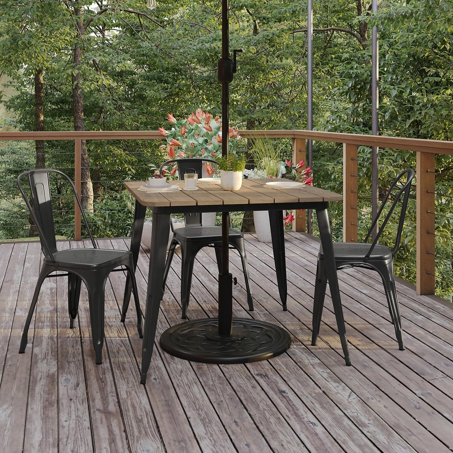 Flash Furniture Declan Commercial Outdoor Dining Table with Umbrella Hole, All Weather Poly Resin Top and Steel Base, 36" Square, Brown/Black