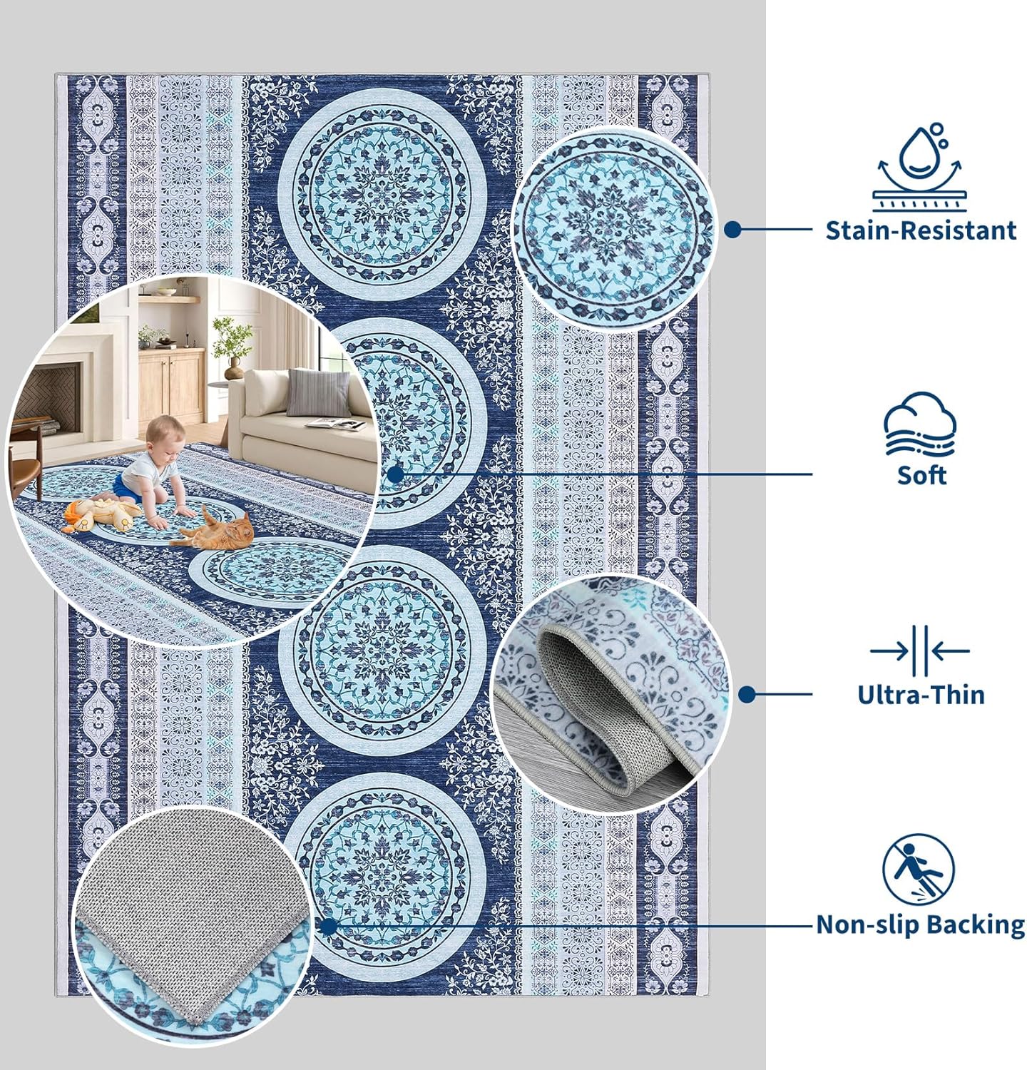 GarveeHome Vintage Boho Area Rug Large 9x12 Washable Rugs Traditioanl Throw Carpet Stain Resistant Throw Carpet with Non-Slip Backing for Bedroom Nursery Apartment Living Room, Blue
