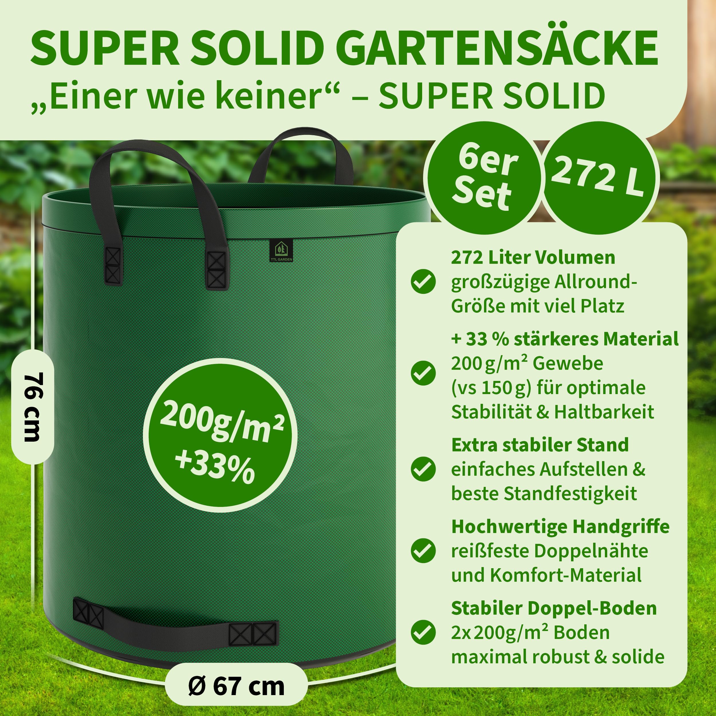 TTL Garden Super Solid tuinzak, 2 x 272 liter, grijs, dubbele bodem, 2 x 200 g/m², extra stabiel en scheurvast, zelfstaand, 4 handgrepen, groot, robuust, set van 2 bladzakken, afvalzakken voor gras TTL Garden Super Solid tuinzak, 2 x 272 liter, grijs, dubbele bodem, 2 x 200 g/m², extra stabiel en scheurvast, zelfstaand, 4 handgrepen, groot, robuust, set van 2 bladzakken, afvalzakken voor gras