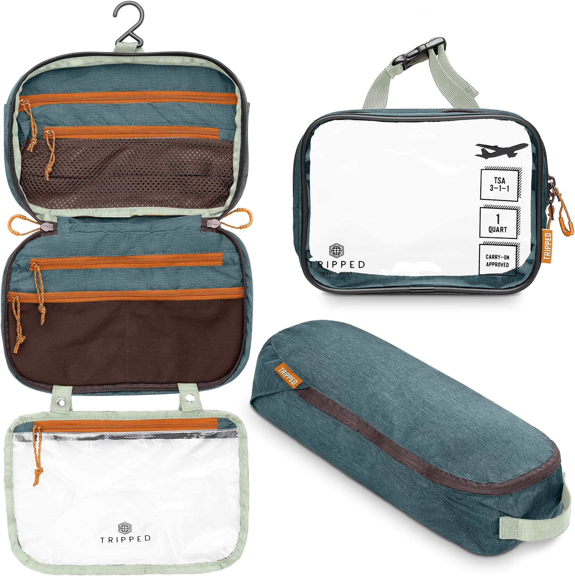 Toiletry Bag Kit Set: Hanging Travel Toiletry Bag + 311 TSA Cosmetic Liquid Bag + Ultra Light Accessory Organizer Pouch, Green, 3 Piece Toiletry Set, green