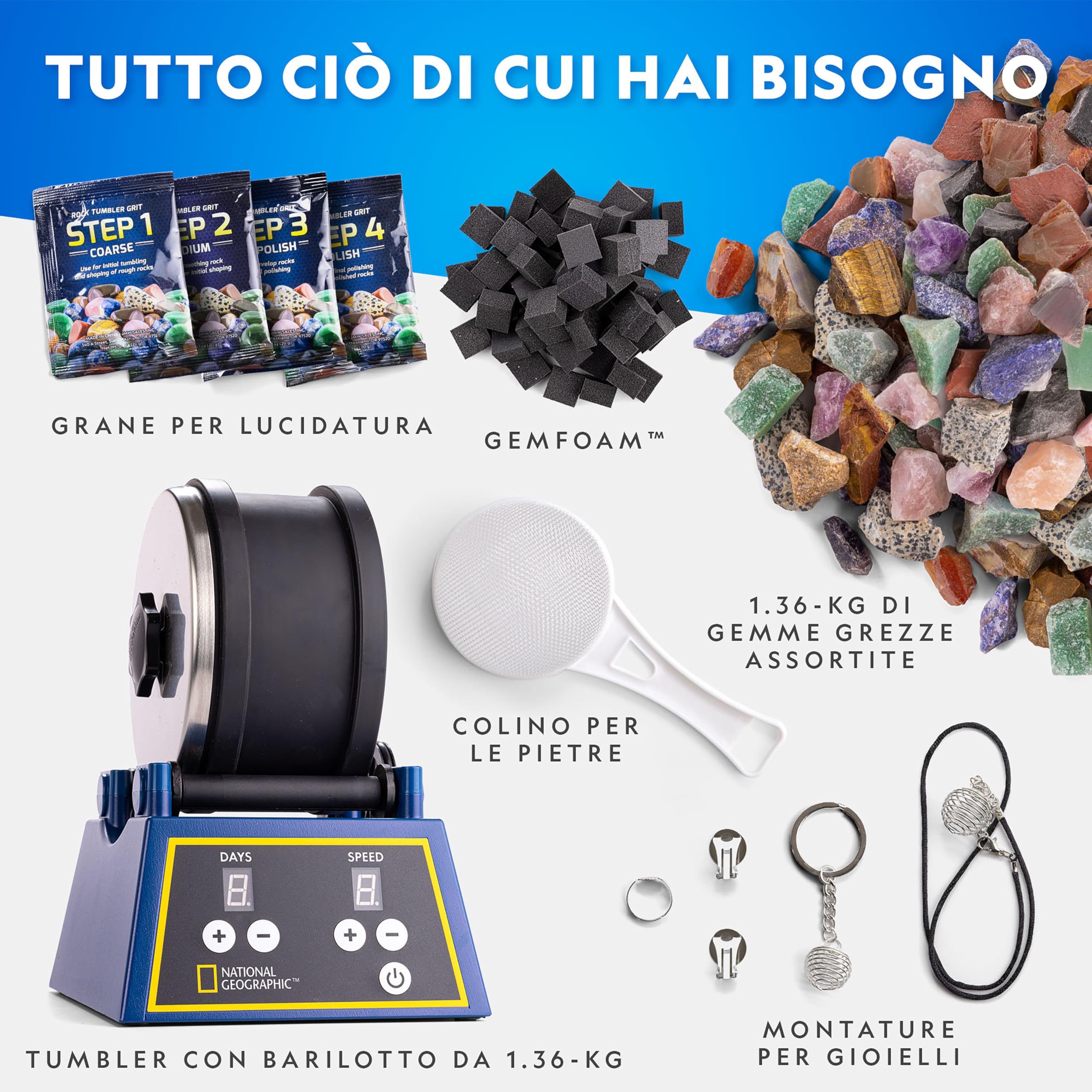 NATIONAL GEOGRAPHIC Kit di Tumbler per Pietre – Tamburo da 1,36 kg con Motore a 3 Velocità e Timer da 9 Giorni, Pietre Grezze, Abrasivi, GemFoam, Kit Educativo per Adulti e Bambini
