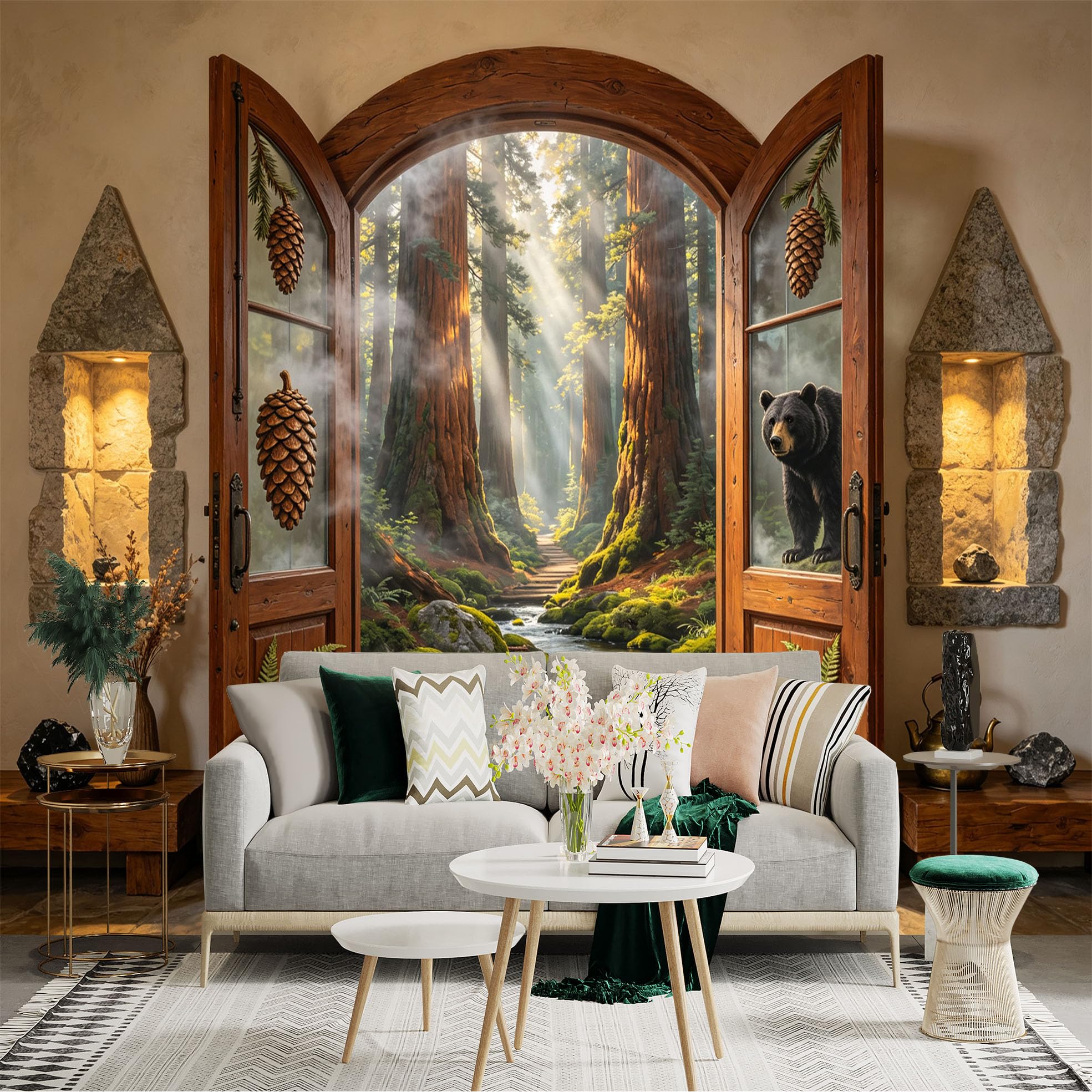 Custom Size Wall Sticker Mural， Rustic Forest Stream with Sunlight and Bear， Woodland Nature View， for wall Decoration， peelandstick wall Decals.