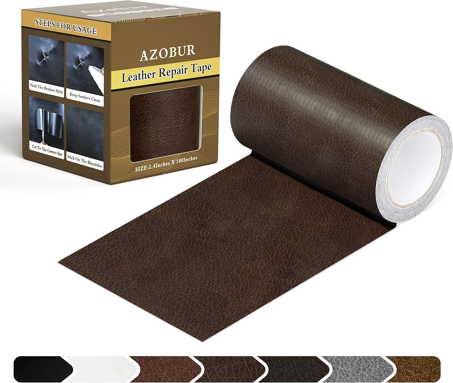 Azbour Leather Repair Tape Patch, 2.4''x15' Super Adhesive, Self-Adhesive Leather Patch for Restoration and Refurbishment of Sofas, Car Seats, Furniture, Vinyl Furniture, Chairs.（Dark Brown）
