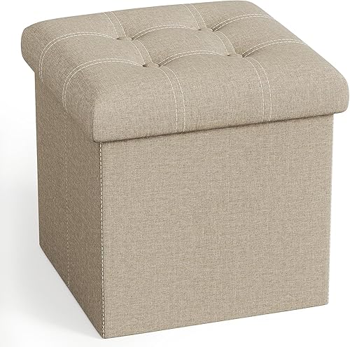 YOUDENOVA Cubo otomano de almacenamiento de 15 pulgadas, cajas de almacenamiento plegables, asiento acolchado para dormitorio, sala de estar, Beige