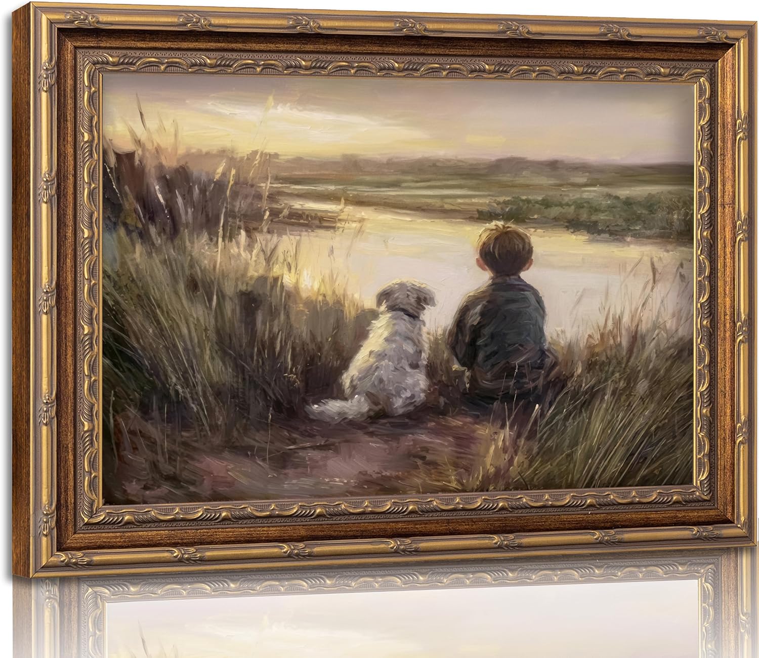 Gold Vintage Framed Wall Art Boy Fishing Wall Decor Painting, fall wall art Dog and Boy Landscape Canvas Retro Country Farmhouse Prints Artwork kids wall art for Bedroom Living Room 12x16inch