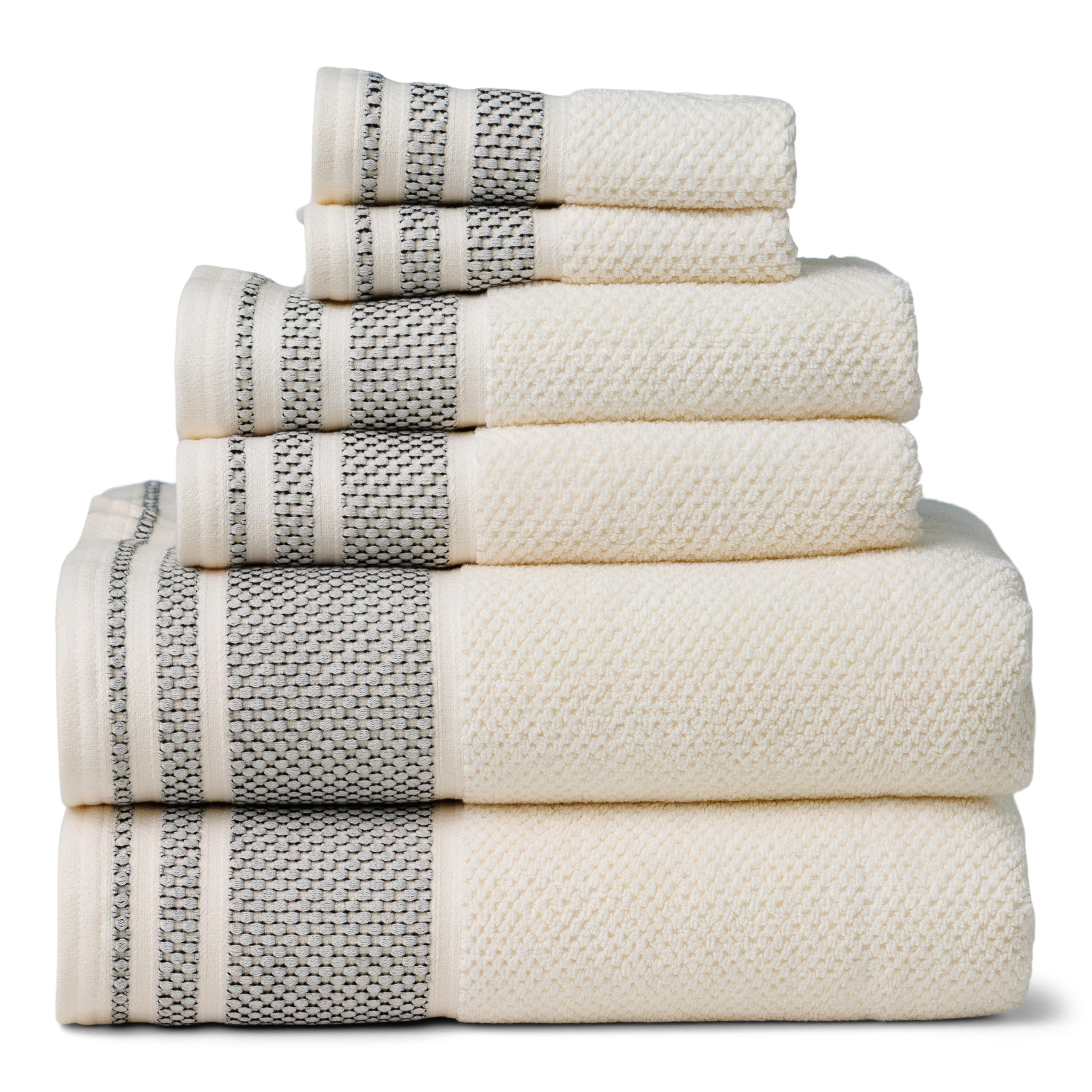 Texere 100% Organic Cotton Rice Weave Jacquard 700 GSM Luxury Bath Towel Set - 2 Large Bath Towels, 2 Hand Towels, 2 Washcloths (Rice Weave, Cream w/Blk, 6 Piece)