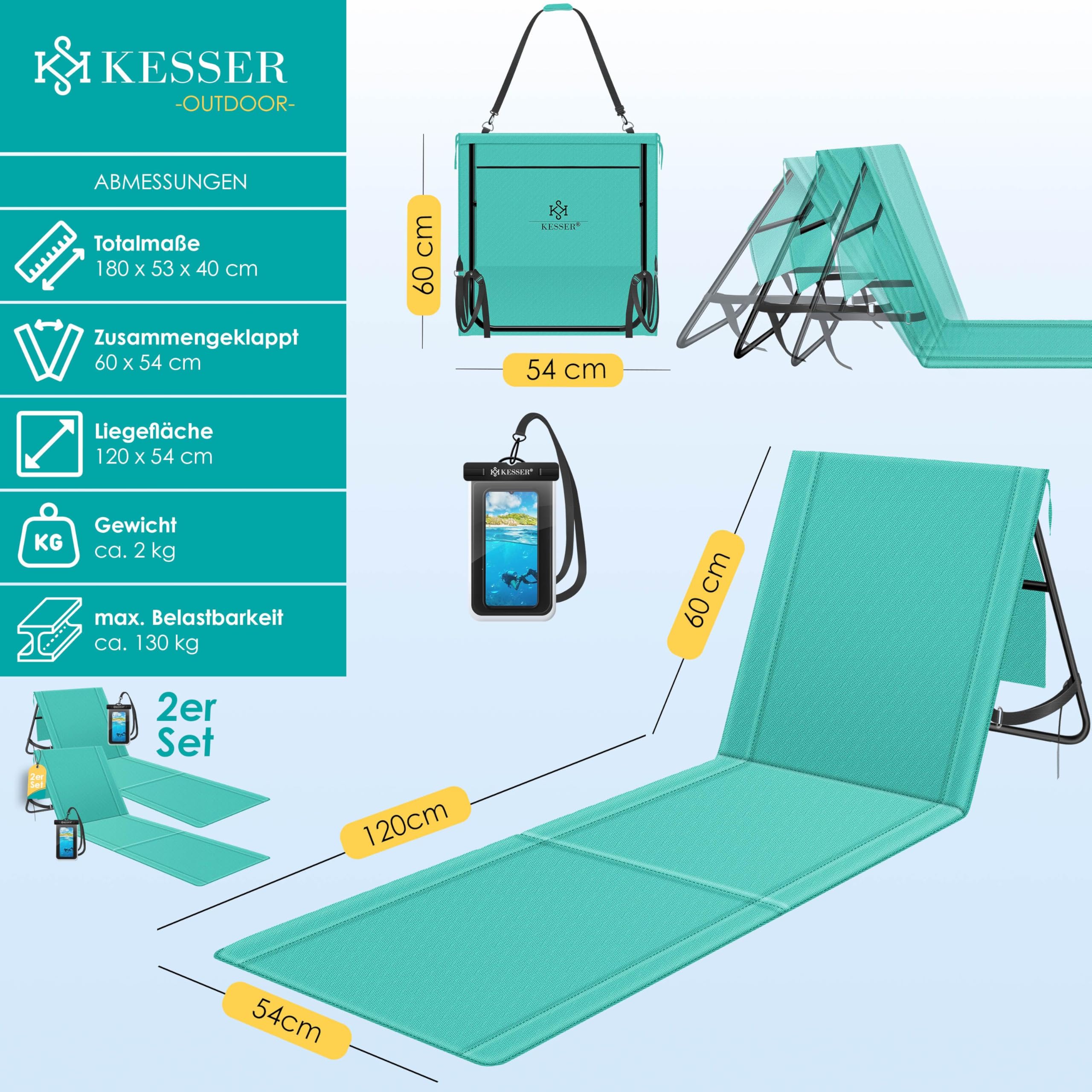 KESSER Juego de 2 esterillas de playa plegables con respaldo ajustable, correa de transporte, bolsa impermeable y almacenamiento, tumbona plegable para playa, jardín y terraza, soporta 130 kg cada uno