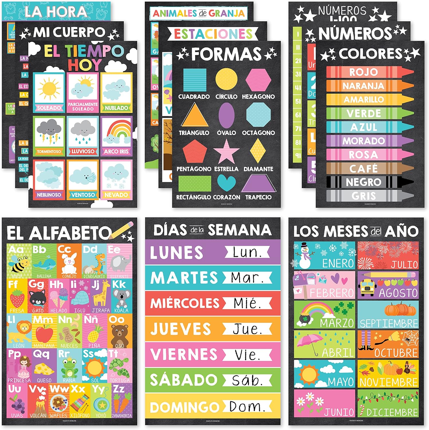 12 Chalkboard Spanish Educational Posters For Toddlers Spanish Posters For Classroom