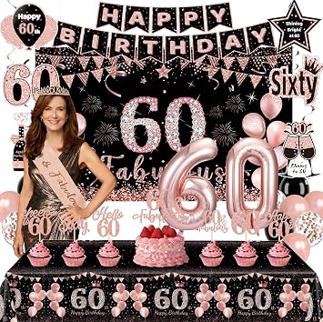 60th Birthday Decorations for Women, Black Rose Gold Happy 60th Birthday Banner, Sash, Crown, Banner, Balloons, Tablecloth & Cake Topper, 60 Years Old Party Supplies Kit