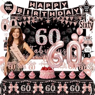 60th Birthday Decorations, Black Rose Gold 60th Birthday Party Supplies for Women, Happy 60th Birthday Banner, Sash, Crown, Balloons, Tablecloth & Backdrop Decorations for 60th Birthday Party