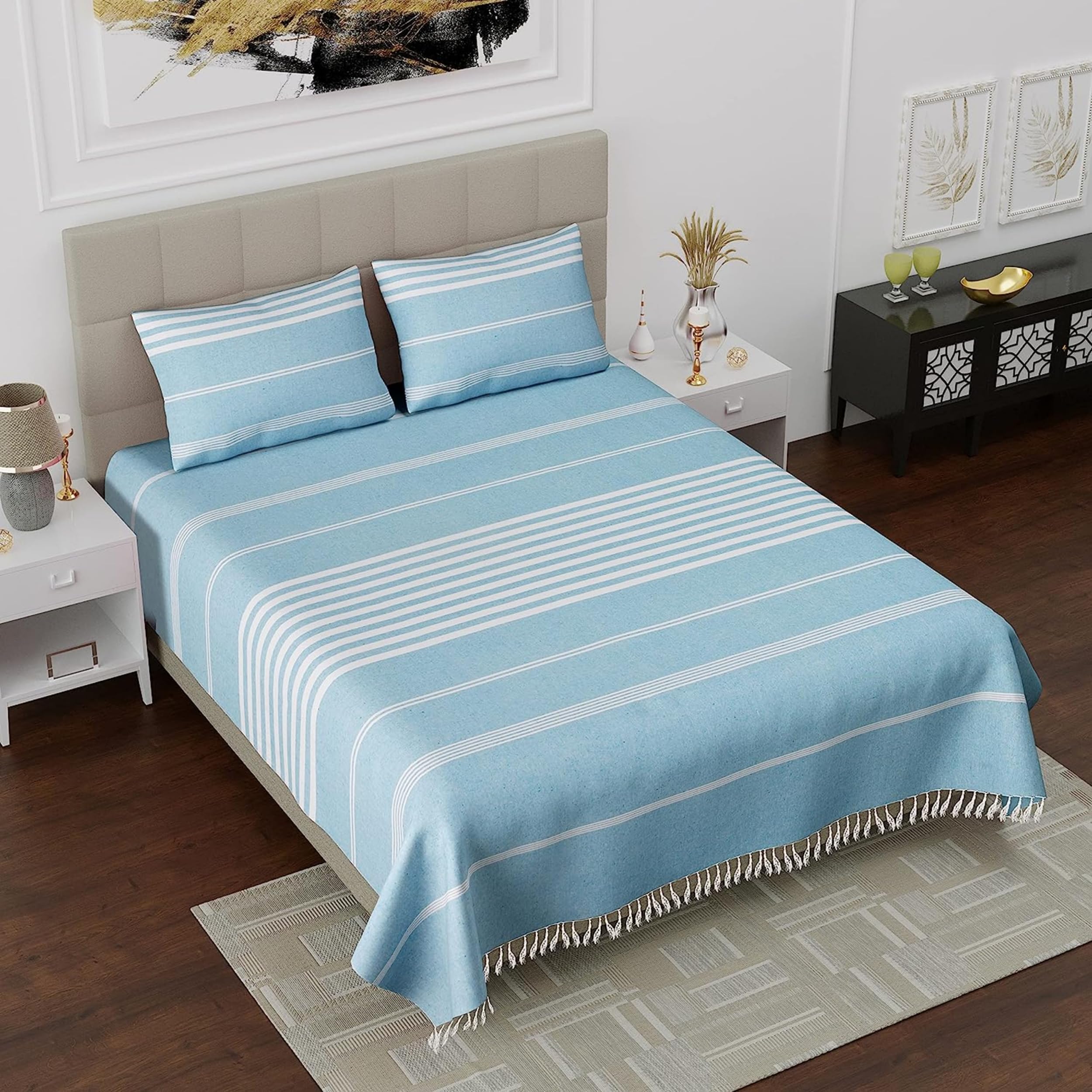210 TC Double Bedsheet with Pillow Cover 2 | Handloom Cotton Bedsheets for Double Bed | All Season Comfort | Size (90X100 Inches, 7.5 x 8.3 Feet, Blue)