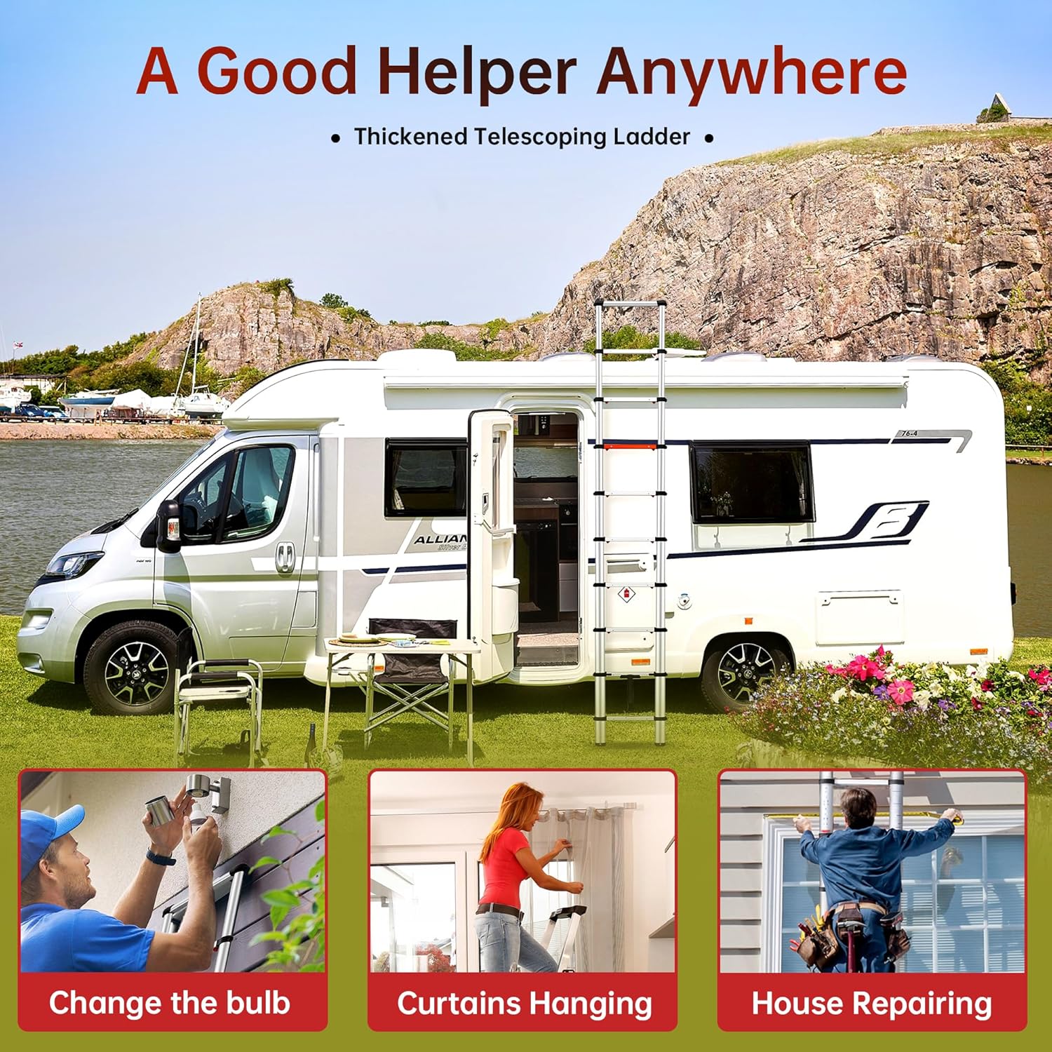 ICARRY Telescoping Ladder, 9.8 FT Aluminum One-Button Retraction Collapsible Extension Ladder, Soft Close Design, 250lb Capacity with Non-Slip Feet, Multi-Purpose Compact Ladder for Home, RV, Loft