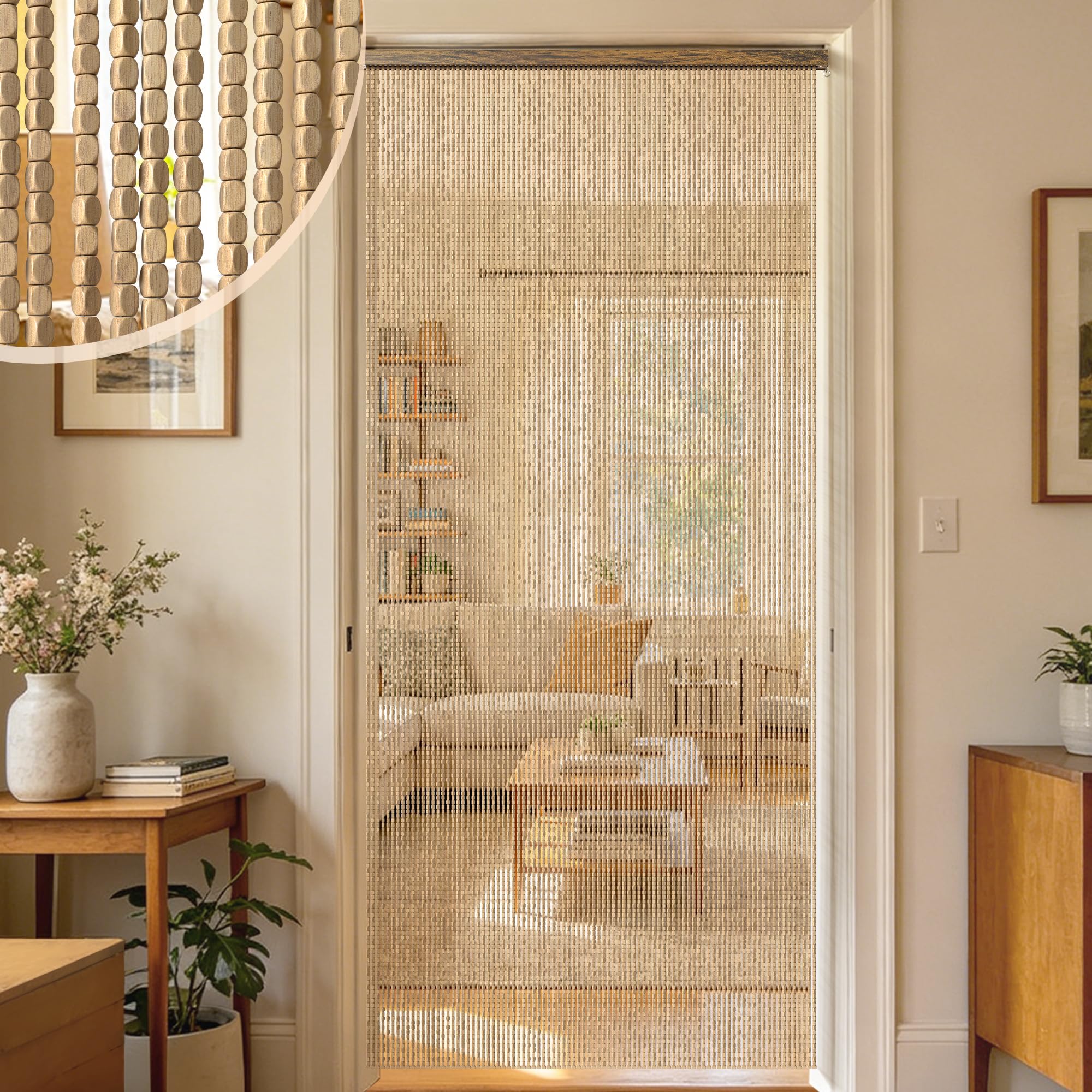 Tenda Perline Legno, Tende Bambu per Porta a 90 Fili per Interno | Decorativa Tendina Interni Divisorio per Soggiorno Camera da Letto Caffè Ristorante (Beige, 90x200cm, 90S)